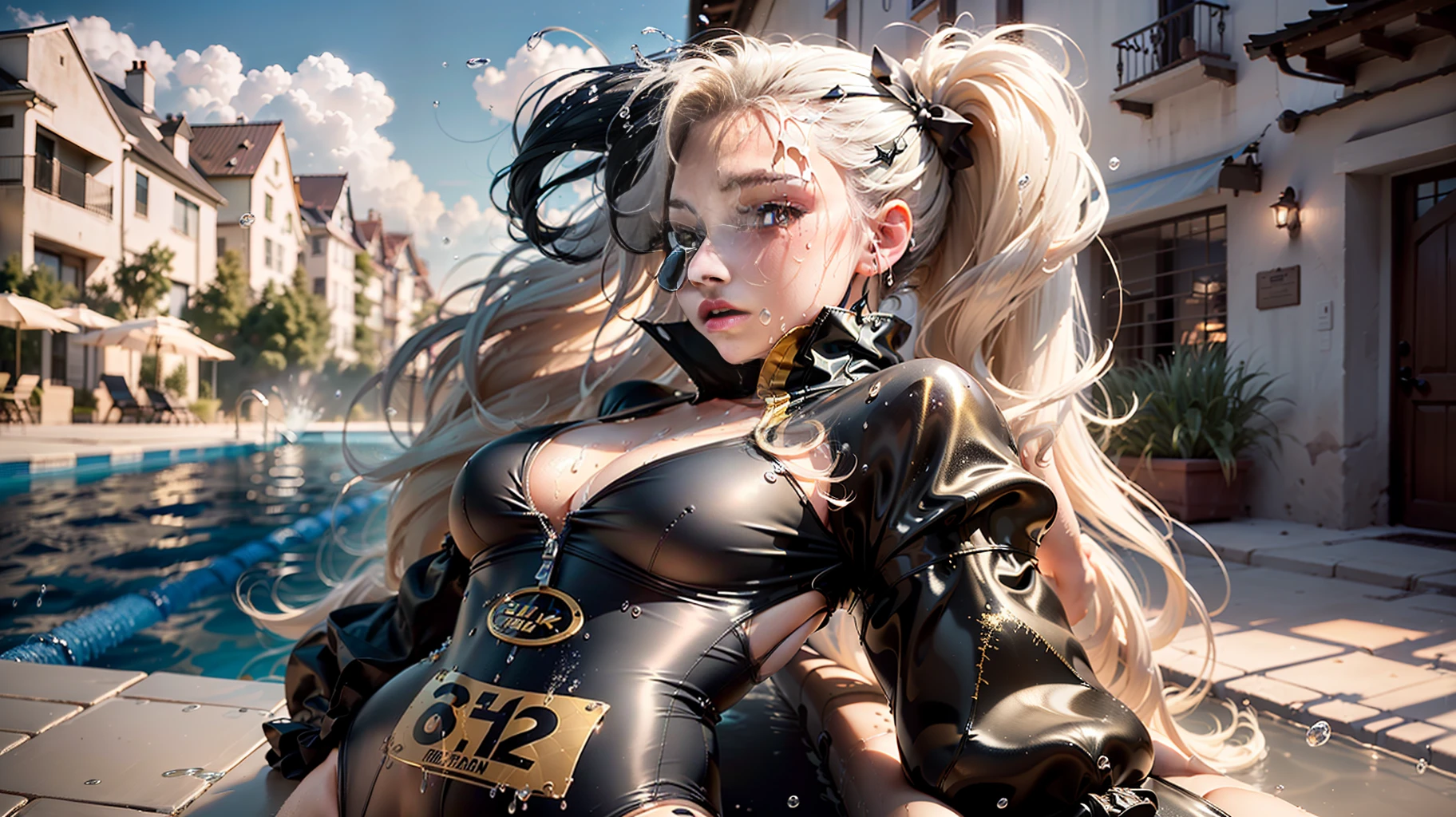 (first person perspective, Extraordinarily perceptible black spring hair and golden double tail, A transparent swimsuit with a lot of moisture, The outdoor scene creates a surreal atmosphere of foresight, The air is filled with the vitality of splashing water, 8K high resolution paves out endless detail rendering, The wide-view lens captures every detail to perfectly display swimsuit and swim trunks)