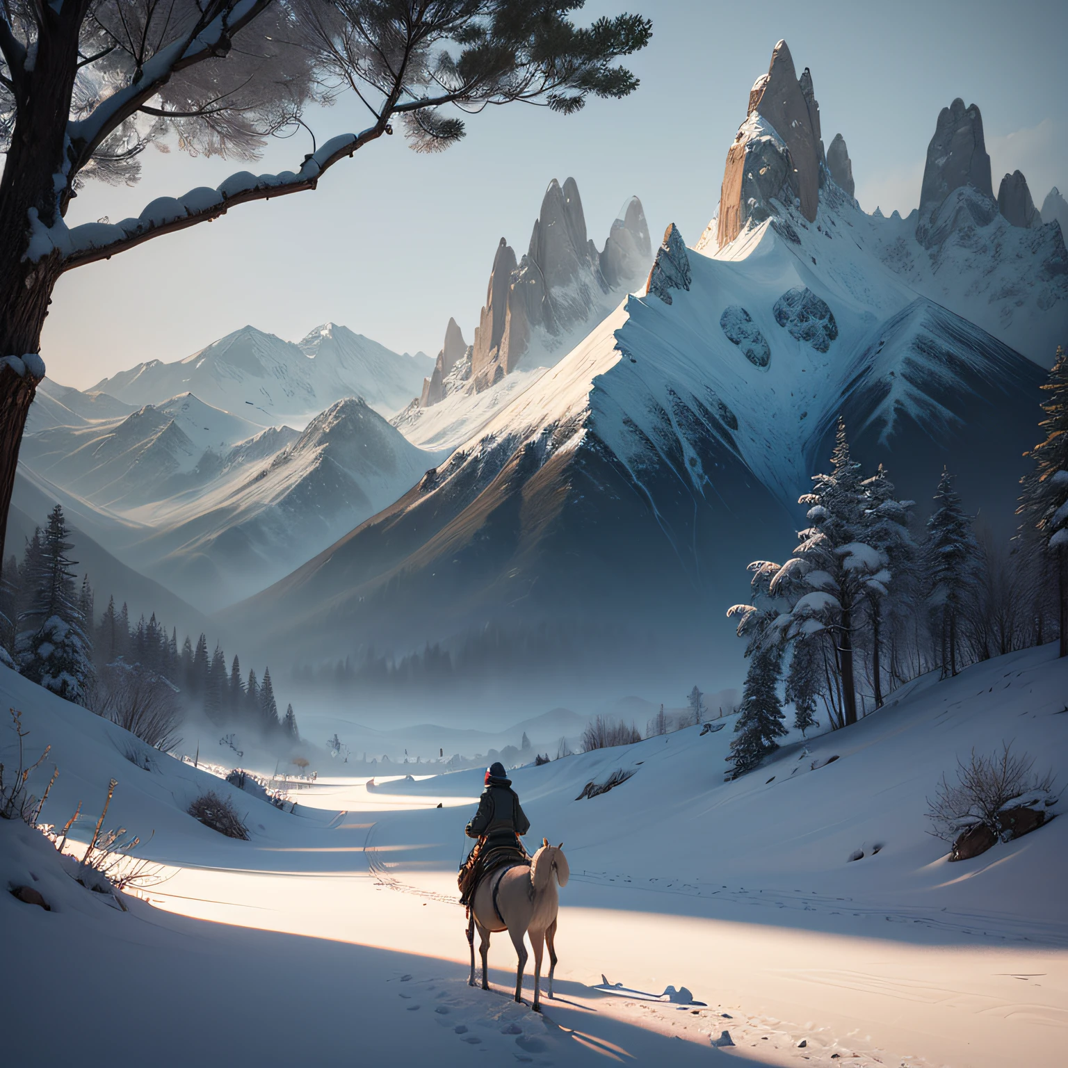 tmasterpiece，best qualtiy，（The is very detailed的 CG unified 8k 壁纸），（best qualtiy），（Most Best Illustration），（best shadow），snow mountains，ln the forest，lakes，grass field，small stream，Gobi，desert，naturey，steed，（particle effect）and other 3D，rendering by octane，Ray traching，ultra-detailliert，belve --auto --v6