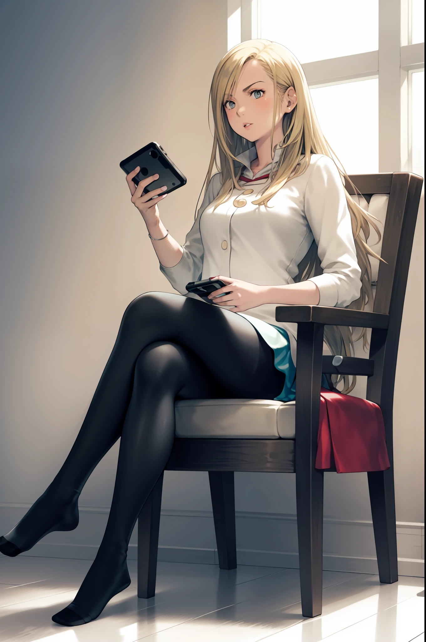 yoshida akihiko, 

1girl, black pantyhose, blonde hair, cameo, casual, chair, contemporary, cosplay, cover, cover page, crossed legs, dragon, handheld game console, lips, long hair, miniskirt, no shoes, pantyhose, sitting, skirt, sleeves pushed up, solo, video game, white mage \(cosplay\), window, chocobo, slime \(dragon quest\), white mage, original, final fantasy, dragon quest, square enix,