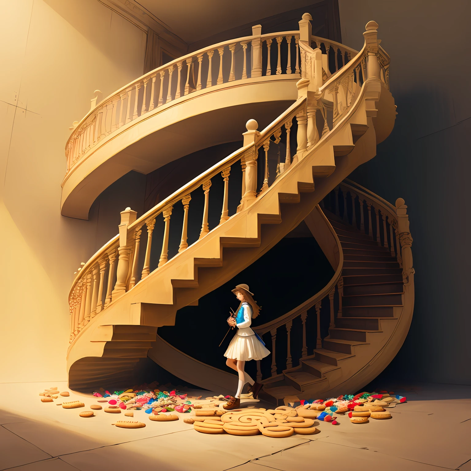 A girl walks on a spiral staircase made of biscuits,Candy World