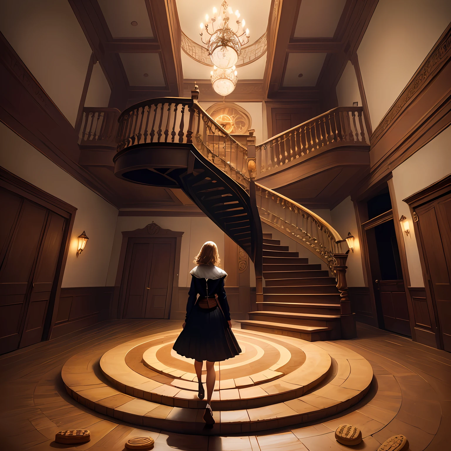 A girl walks on a spiral staircase made of biscuits,Candy World