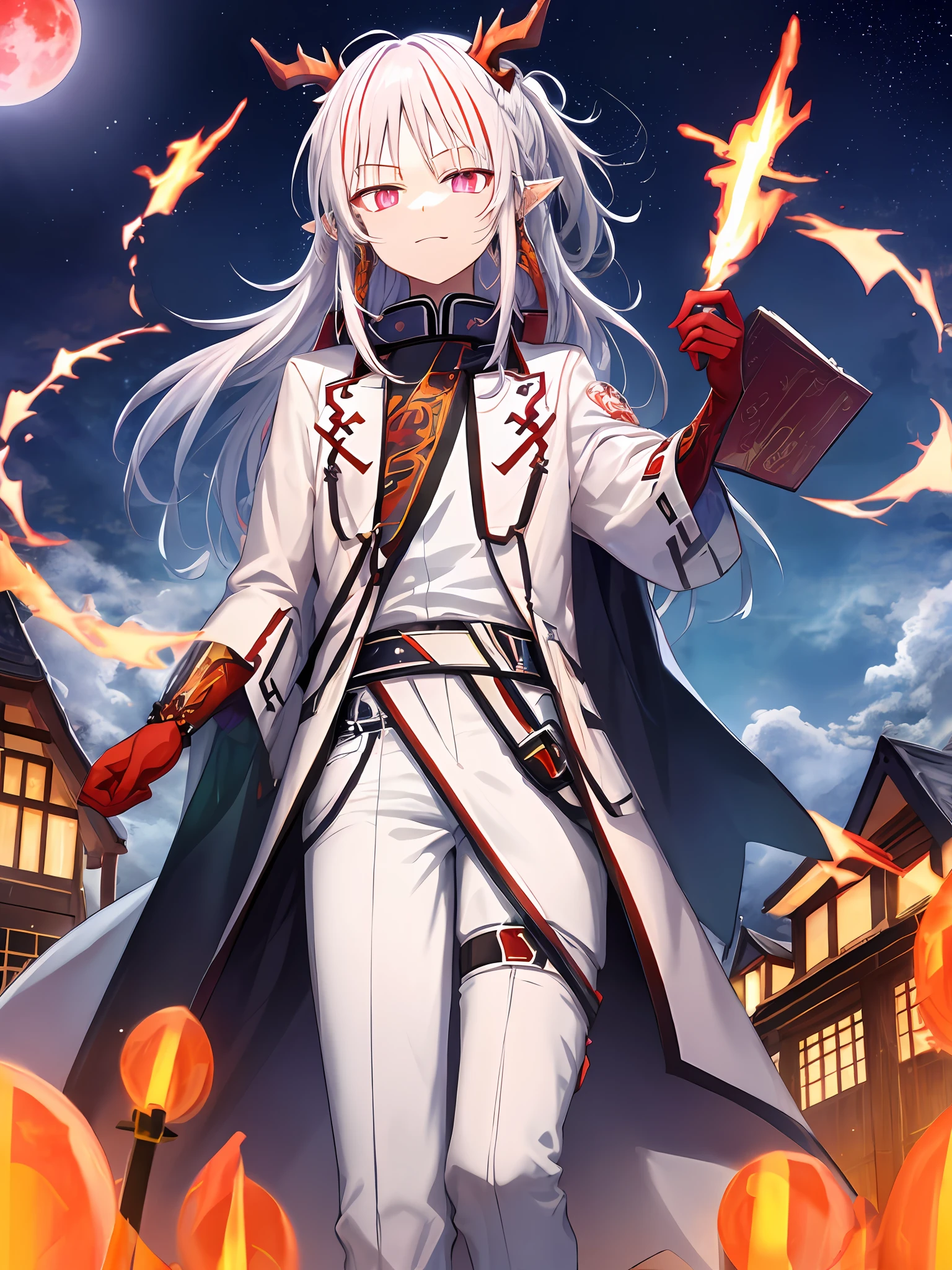 Darkness Red Moon Clouds Stars Ray Tracing Cool Colors Church Cute Heterochromic Hitomi White Hair Anime Boy Masterpiece Superb Perfect Atmospheric Highest Quality