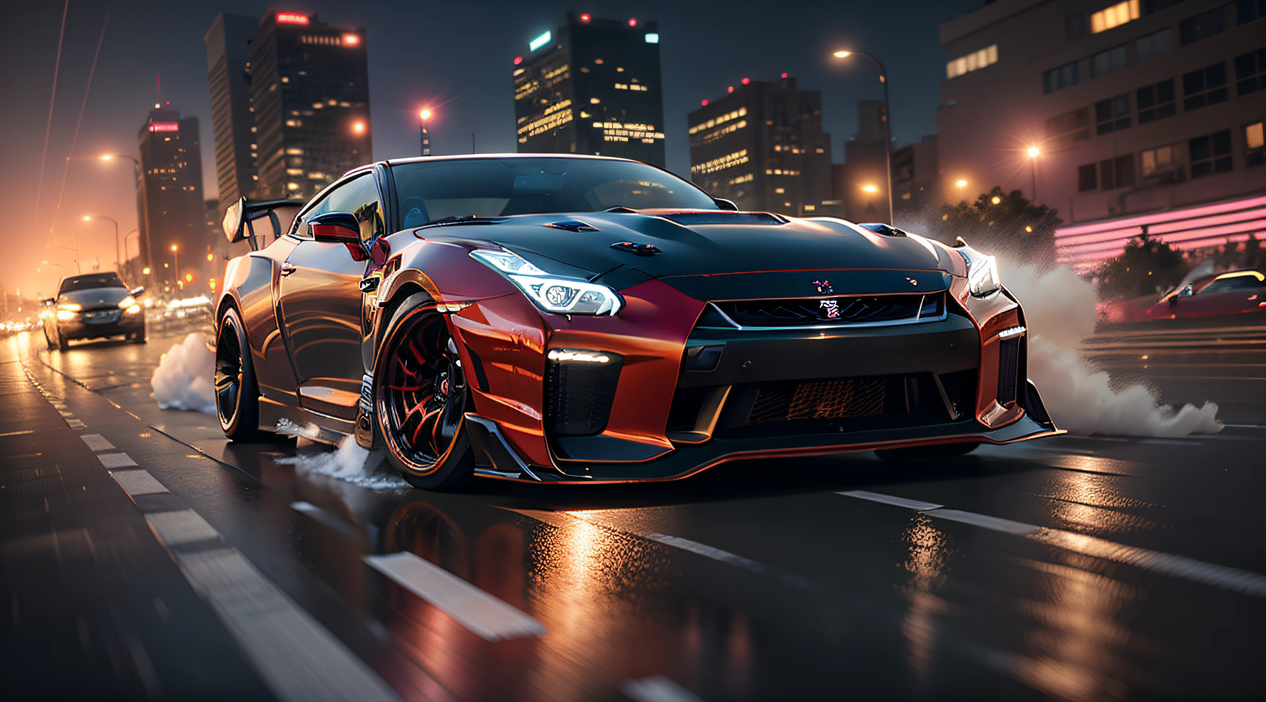 Concept Nissan GTR, (((drifting))), hyper realistic, (((🌆))), light trails, high speed chase, maximum speed, light trails, smoke, cinematic, street view, at night, a dramatic, intense setting, (((extreme parallax motion blur))),
