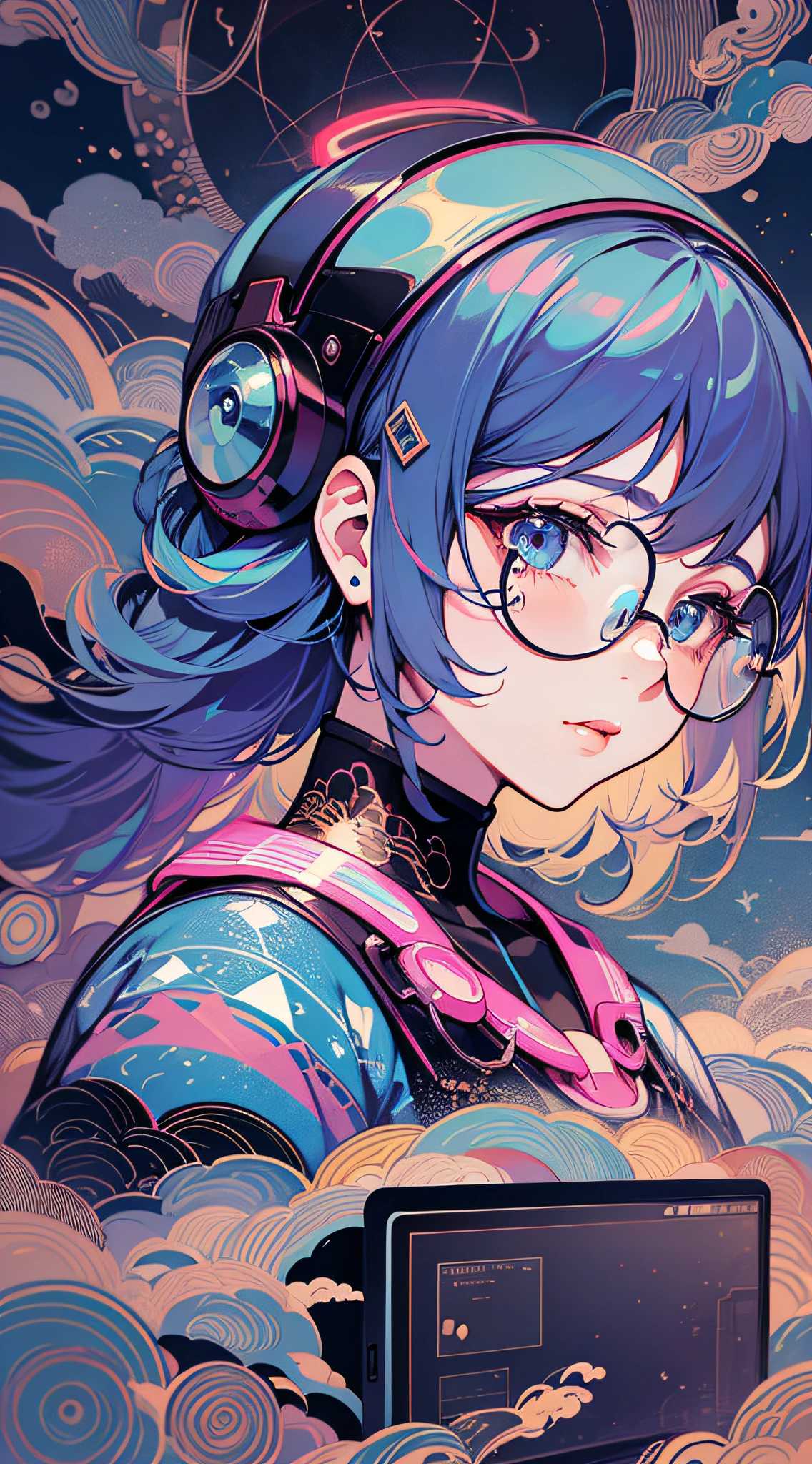 （（tmasterpiece））， （（ultra - detailed））， （（best qualtiy））， 美丽细致的眼睛， Detailed face， The best lighting， The best shades， 1 rapariga，独奏， （（cyber punk style， edge lit， machine arm，Hologram aura，Surreal Science Fiction Art，Future Science Fiction Aesthetics，Flat 2D style））， （（The main colors are purple and green））， Huge light bulb， （Girl inside the screen：1.5），Mobile Paradise，Orange bulb，A world made up of mobile phones，Gamepad，VR glasses，Virtual screen， freckle， Cold nose， （（（Buble）））， illustration，japanese inspired， （highly  detailed）， Whirlpool effect，