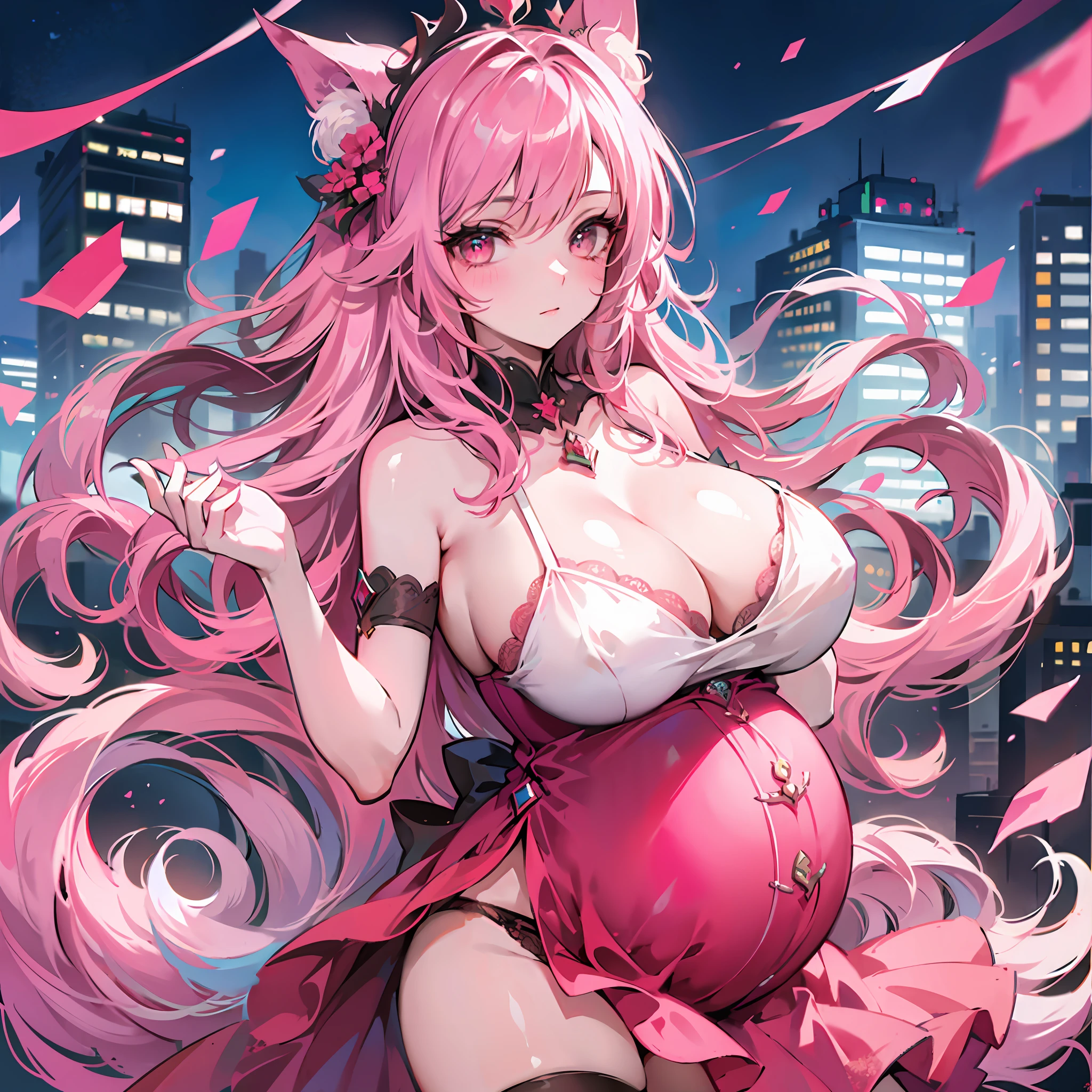 tmasterpiece, Best quality, (Detailed eyes and skin), ((Realistic)), Mirror flow, 1girll, The blonde_Hair, Yellow_clothes, black_clothes, Blue_Eyes, Blue_sky, bblurry, bblurry_Background, bblurry_foreground, (modern_City:1.5), mediating_Breasts, Exercise_bblurry,photore_\（curly\），long whitr hair，Skysky，独奏，Upper body body，Pregnant belly，Beth，Showing the belly，youthfulenergy，18-year-old girl，adolable，Two-dimensional painting style，Pregnant women with，Best quality, 8K, High quality,, hair adornments, cone hair bun, Long hair, double bun hair, bangs, bow,  maid headdress, upper legs, Stockings, white thighhighs, cleavage cutout, Face focus, Close up, (Heart-shaped pupils:0.9), (Blush:0.65), (1girll, Solo:1.4), Cityscape, Blue sky, Bright sky, Sunny, holding flower, Large breasts, Detailed background, Detailed clouds,Pregnant belly，Two-dimensional painting style，(Masterpiece), Best quality, Fine details, Highest picture quality, Masterpiece,exquisite CG,1girll,Closed mouth,Brown eyes,Long hair,bangs,Bare shoulders, cleavage,(Big breasts:1.4),Bare arms,Pink bikini,navel,Lace,a garter belt,Thighs,,White pantyhose,water,hyper pregnant,Girl,SushangV4,Yae,SideBraid,
