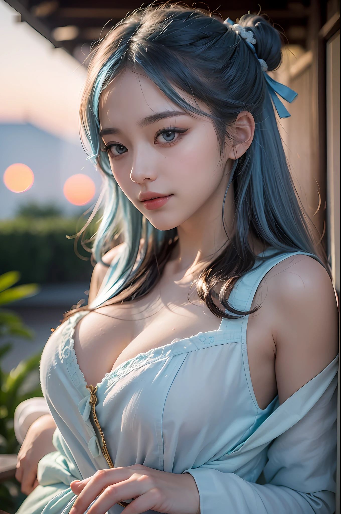 ((((((fully body photo))))))、((((二重まぶた)))),((((Backlight of sunset))))、(((((Light blue eyeliner))))),((lensflare))、((Wearing ceramic clothes in a Chinese garden)),((((Super Soft Focus))))、Smiling、((((profile))))、(((looking distantly)))、Twilight、Take a shower、Colorful hydrangea on background、Surrounded by hydrangeas、((The soft sunset is shining on it))、(yinchuan:1.5), ​masterpiece, top-quality, Raw foto, Photorealsitic, faces, beautiful a girl, cute little, shorth hair, (((depth of fields))), hight resolution, ultra-detailliert, finely detail, ighly detailed, Cinematic lighting、ultra gigantic tits
