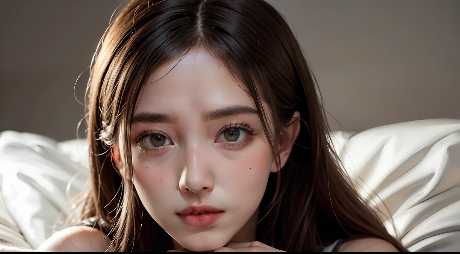 Gorgeous high detail RAW color photos （tnks：1.2） Bust of a woman， closeup of face， trypsin， ring_light， （Messy hair in front of her face：0.9）， （pervert smirk：1.3）， petite， （long_hair：0.8），
EOS， skin_pores， 8k hdr， High detail eyes， highest  quality， skin textures， tmasterpiece， best qualtiy， 8K， lighting perfect， cinmatic lighting， （Clear focus：1.2）， HDR， pubic hair beauty， hyper-detailing， astounding，36d