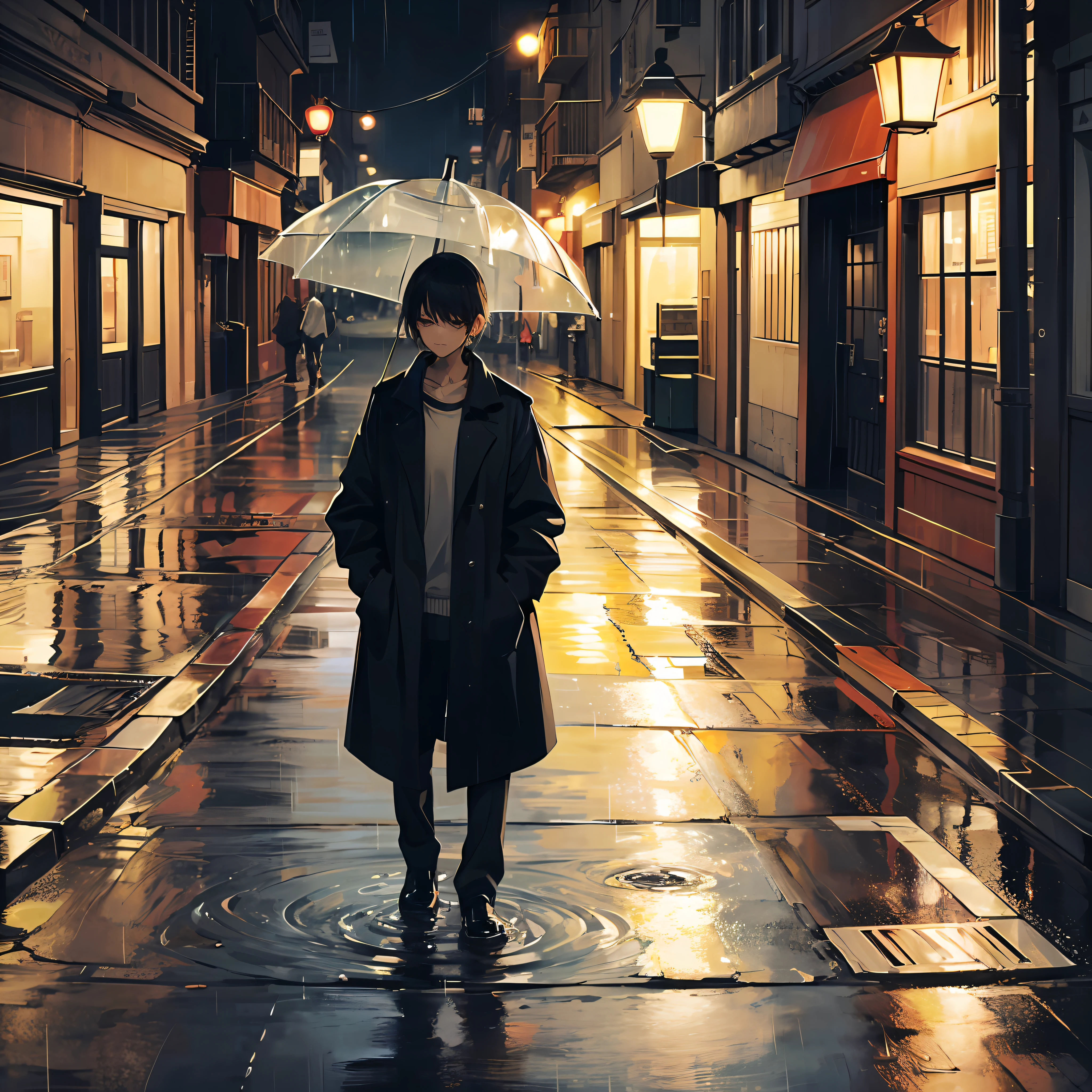 A lone pedestrian walks through an empty street，He was carrying a black umbrella，Walk slowly along the street。His clothes were drenched，The plackets are tightly tied together，The steps are firm and steady。

Raindrops hit the surface of his umbrella，Make a faint sound，A quiet and dark space is formed under the umbrella。His eyes were focused and determined，As if chasing something。

The street lamps on the street corners cast a faint glow，It adds a touch of loneliness and mystery to this rainy night。On nights like this，People's moods also seem to be washed by rain，Become quiet and contemplative。

This rainy night scene is full of poignancy and poetry，Suitable for painting。You can put this --auto