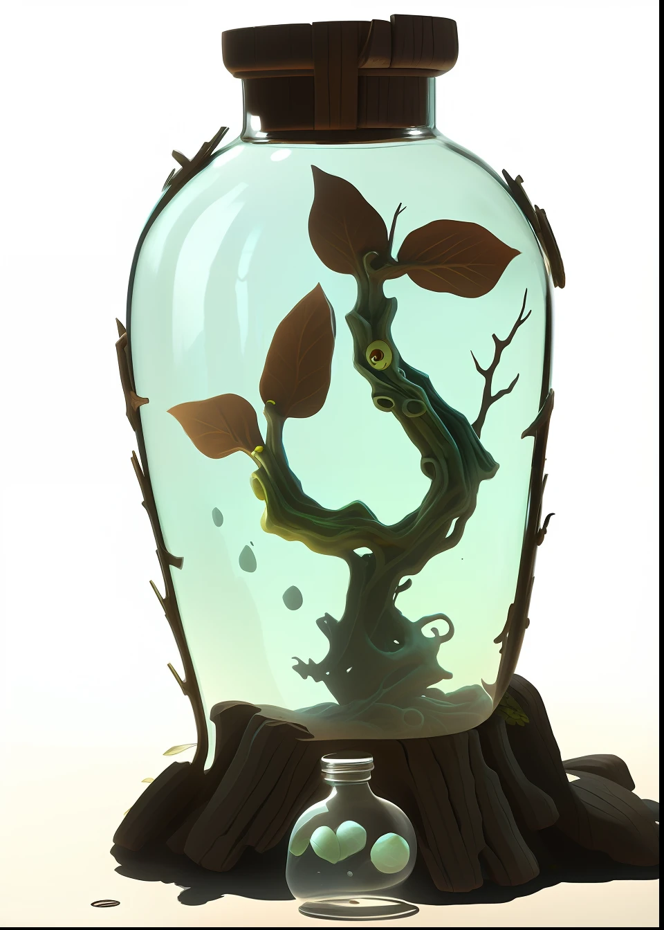 A biotech glass jar,There is a small branch inside, hyperdetailed scp artifact jar, head in a jar, Petscop, Wood and glass details