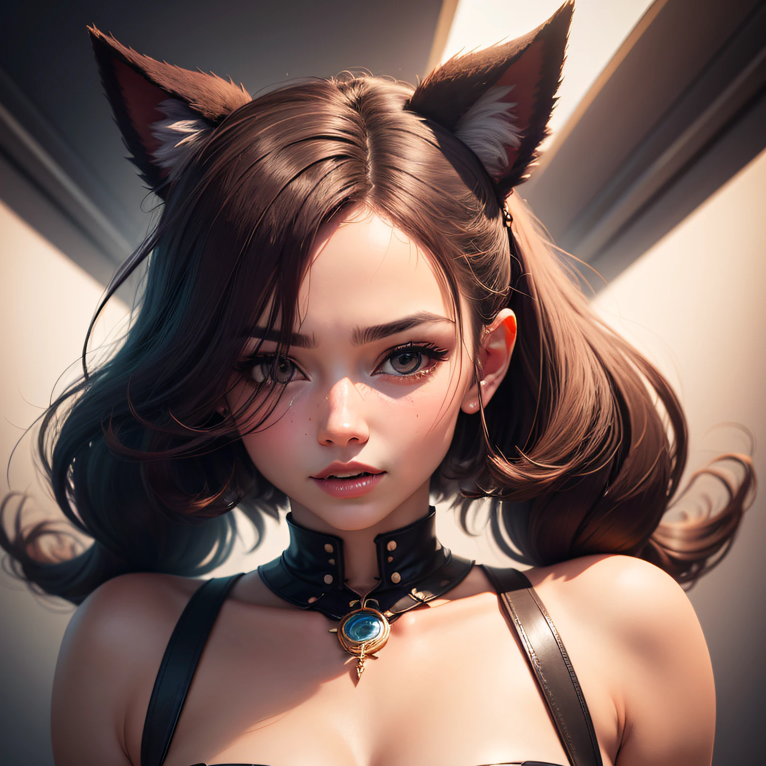 hair bobbles, wince, solid circle eyes, fake animal ears, fang, Surrealism, drop shadow, anaglyph, stereogram, tachi-e, pov, atmospheric perspective, 8k, super detail, ccurate, best quality, award winning