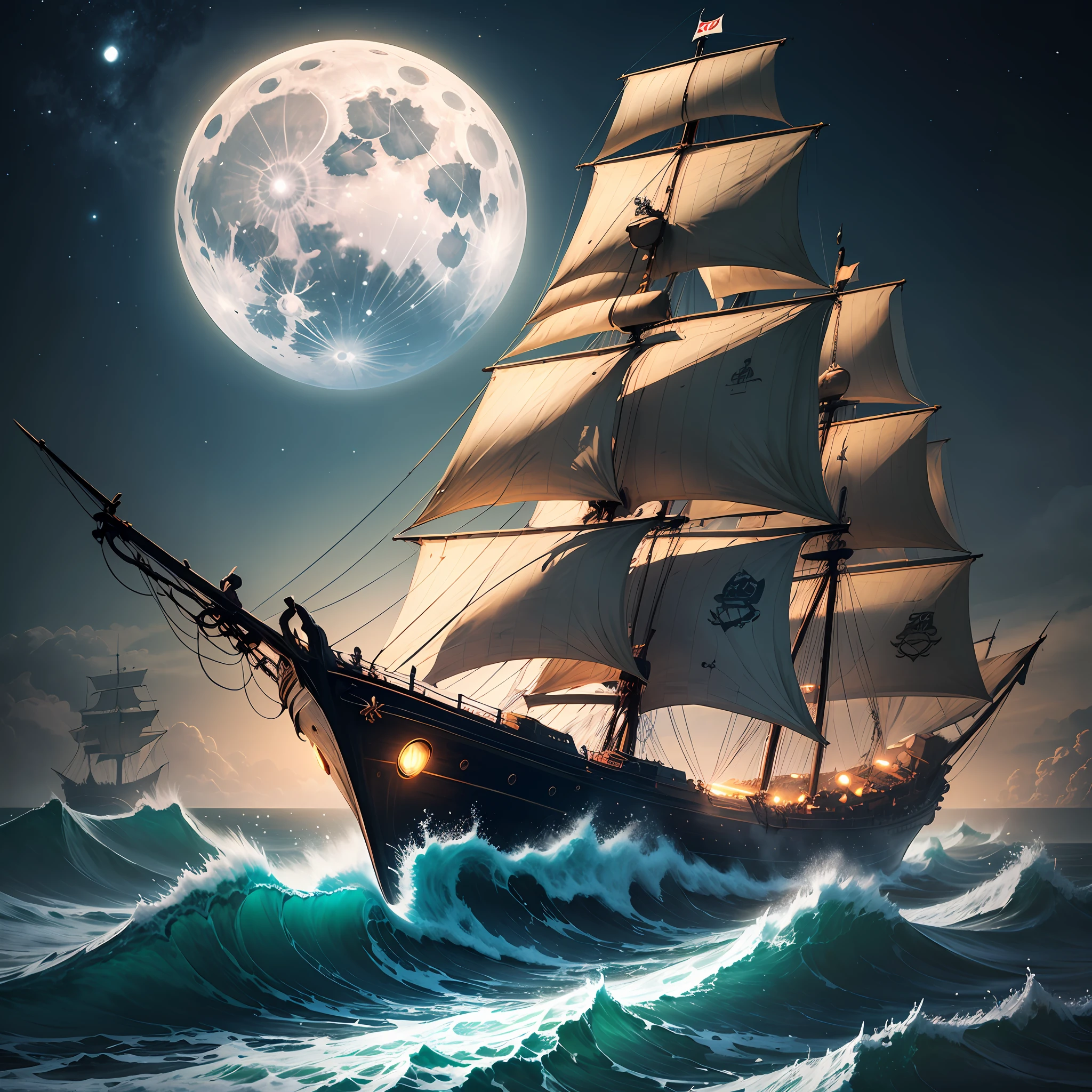 In the clear moonlight,In the dark of the night,Ancient pirate ships are adrift alone on rough seas。 --auto