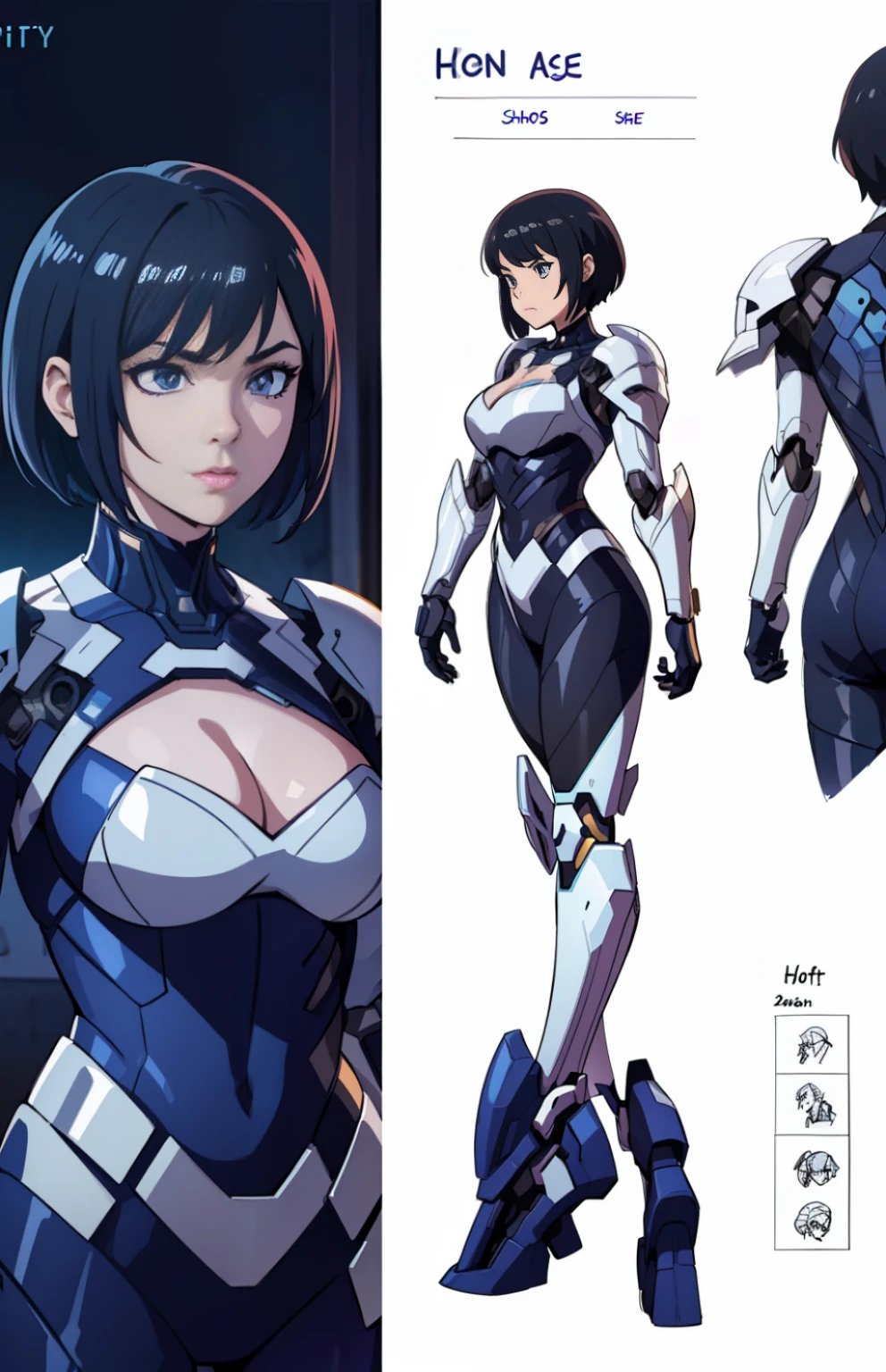 (character sheet:1.6) of 1 girl, (hotify:1.2), girl in mecha cyber armor, cybersuits, black and white armor color, cyberpunk anime girl mech, female mecha, inspired by Leng Mei, short_hair,black_hair,cleavage (masterpiece,detailed,highres:1.4) animation portrait concept art, face turnaround, face turnaround 3 6 0, character headshot concept art, concept headshot art, character reference sheet, character model sheet turnaround, high quality model sheet, animation portrait concept art, intricate details, Full body