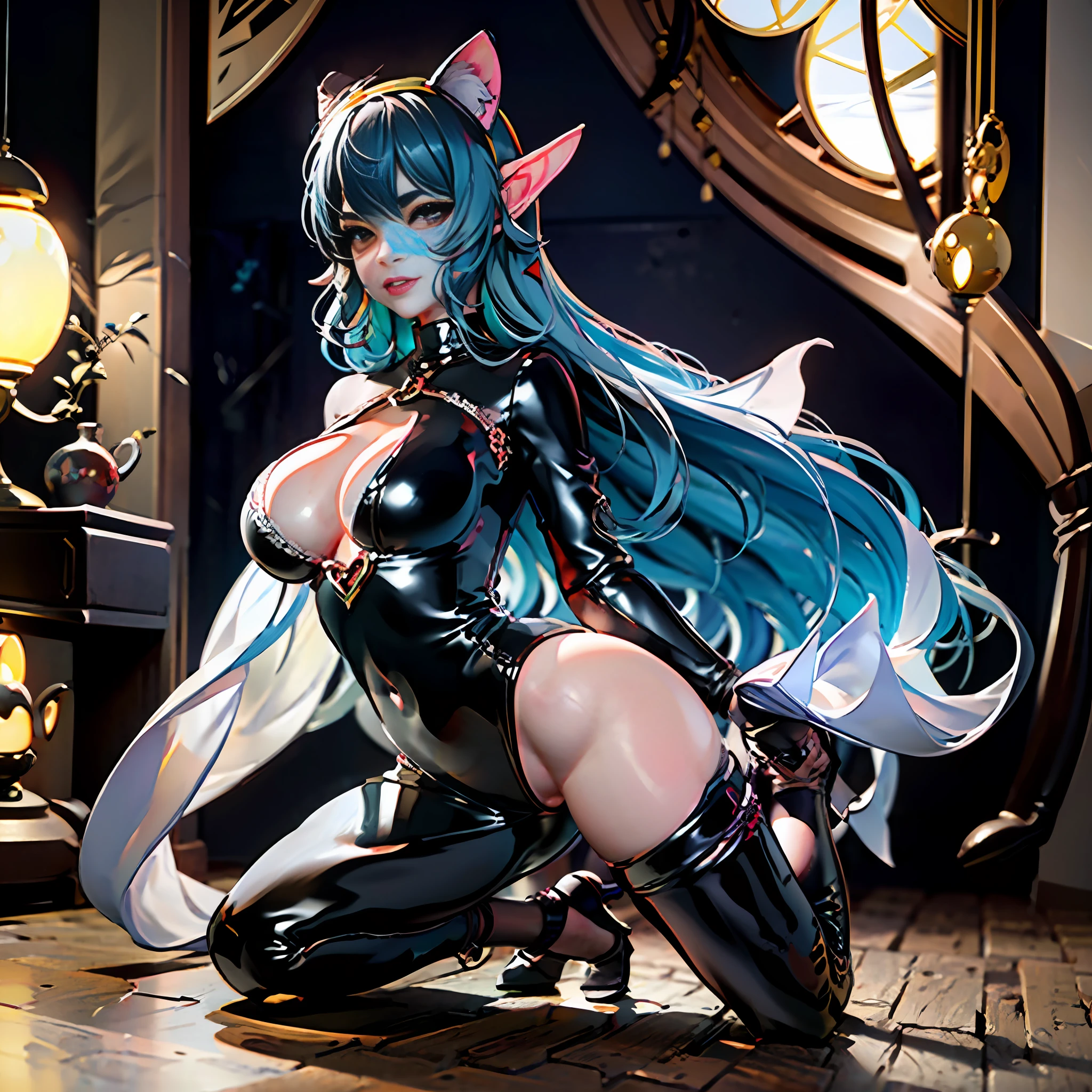 5 year old girl Bad smile Elf ears Long hair to waist Cat ear headband Heterochromic pupils Red cheeks Full body flesh-colored transparent latex set Kneel，Legs open forward Leather rope restraint Restraint High heels Sheer clothing Full body immersion in white fluid Exhibitionism Bare skin 70% Pregnancy see-through outfits