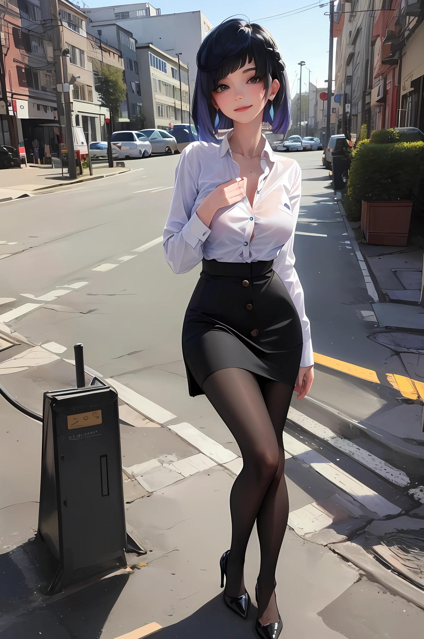 (8K, Best Quality, Masterpiece:1.2), (Realistic, Photorealistic:1.37), Ultra Detailed, 1 Girl, Full Body, Outdoor, (Hair Adjustment: 1.5) Office Lady, Black OfficeBlazer, Officeskirt, (Pantyhose: 1.2), (Short ButtonedDownshirt:1.2), ButtonedUpCollarprim, buttoneddowncollarprim, bra, (pantyhose: 1.2), alphalayers, highheels, beautiful earrings, cute, solo, beautiful detailed sky, (smile:1.15), (closed mouth), big breasts, beautiful delicate eyes, professional attire, (short hair: 1.2), flowing hair