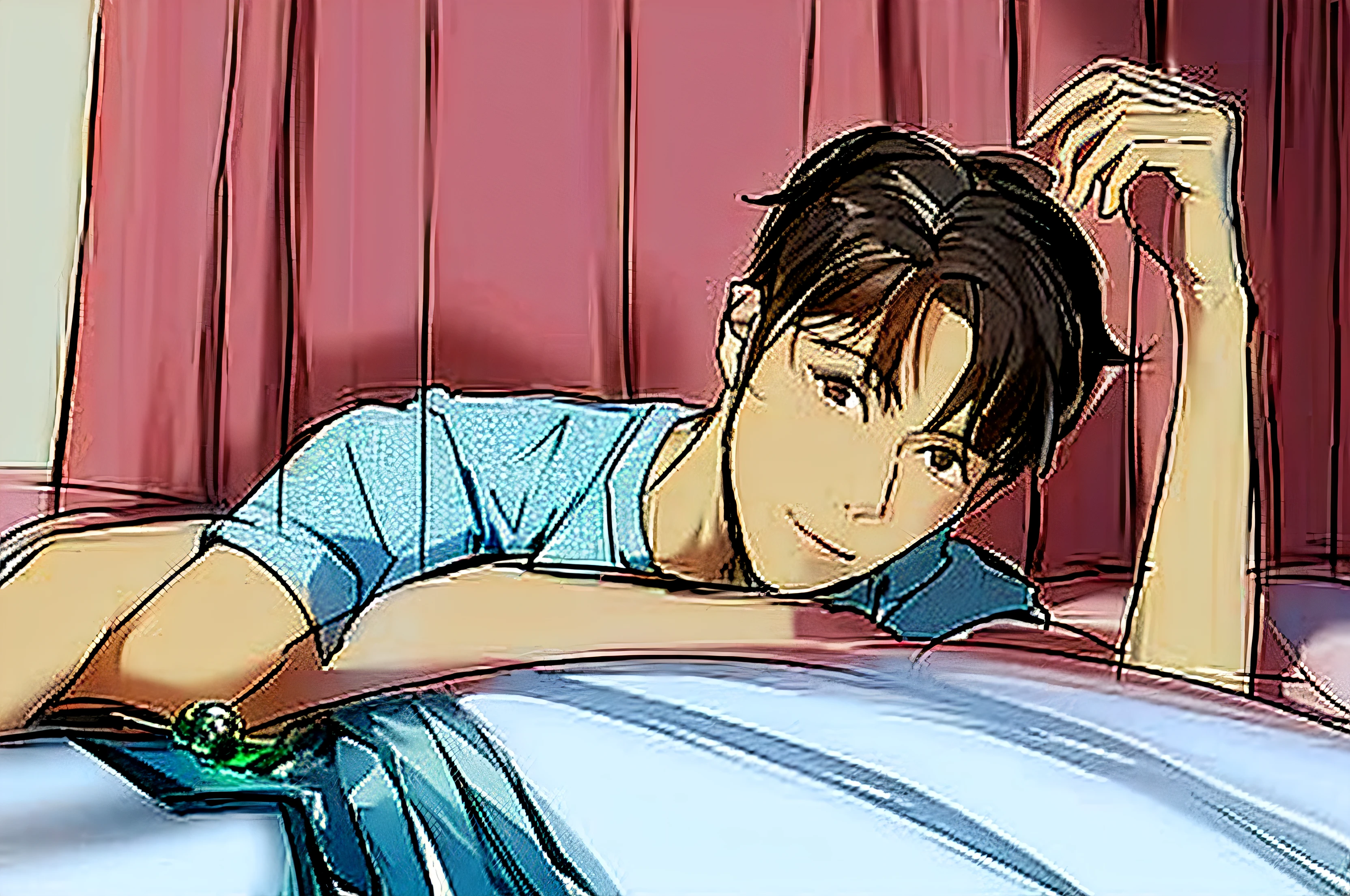 A man lying on a bed holding a painting of a remote control, Outline sketch, Line sketch, laying back on the bed, clean anime outlines, Lie down in bed, clean lineart, Line sketch!!, relaxed poses, perfect lineart, Lie down in bed, thick lineart, contour drawing, on my bed, lying at the bed, realistic line drawing