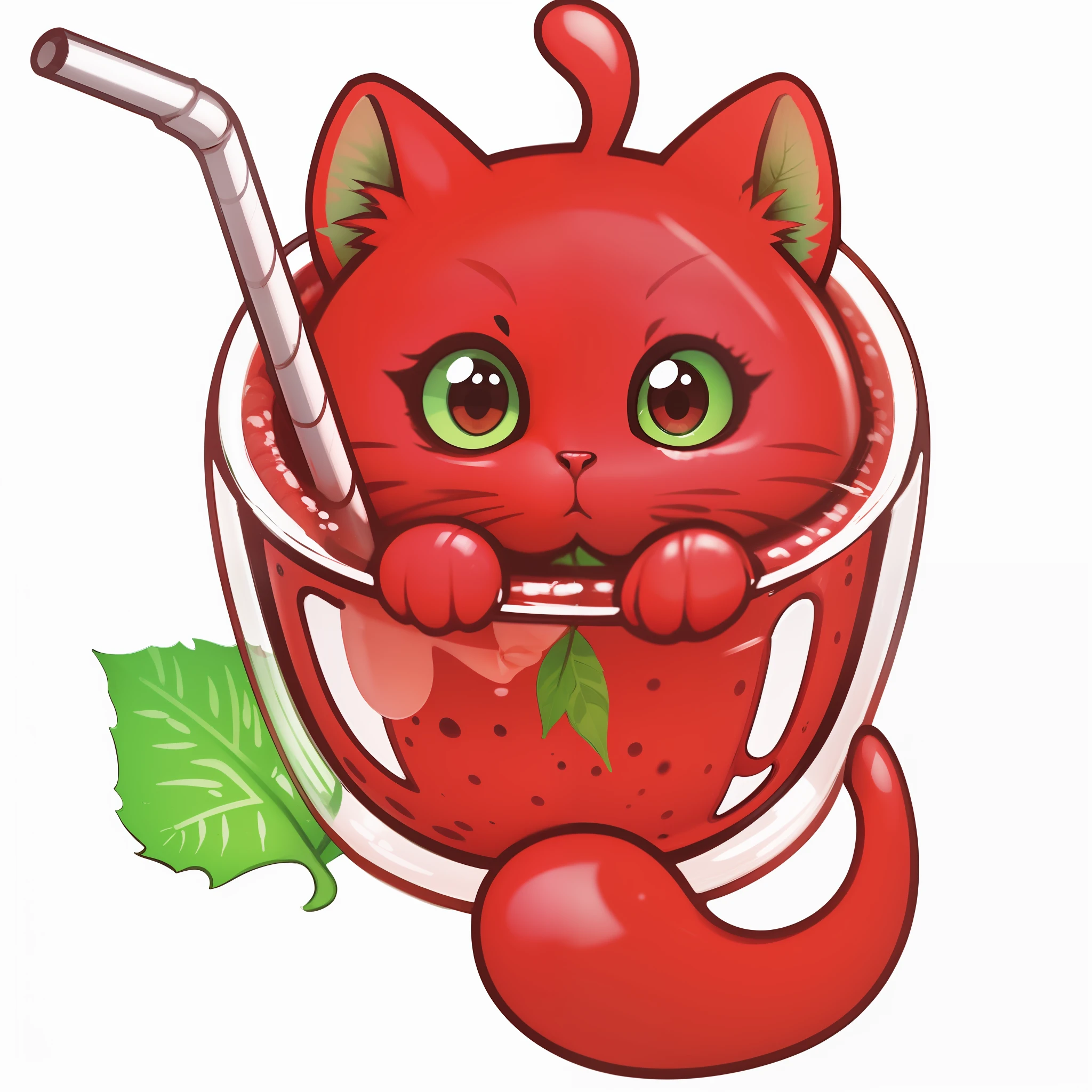 A cat consisting of tomato juice comes out of a transparent glass with a straw. Nearby lies a leaf