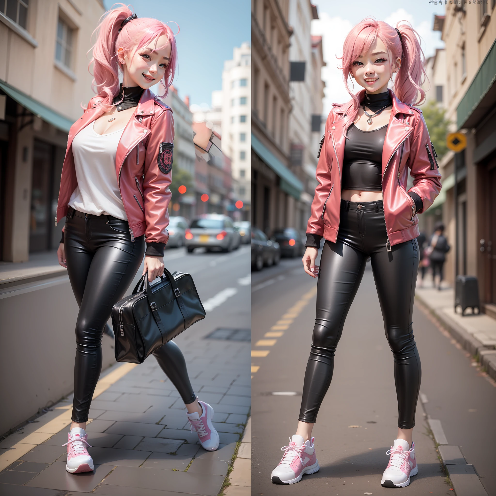 Girls in the highest quality and ultra high resolution。Pair leather jacket with leather pants、Smiling hair in a long ponytail。Pink hair is also cute。