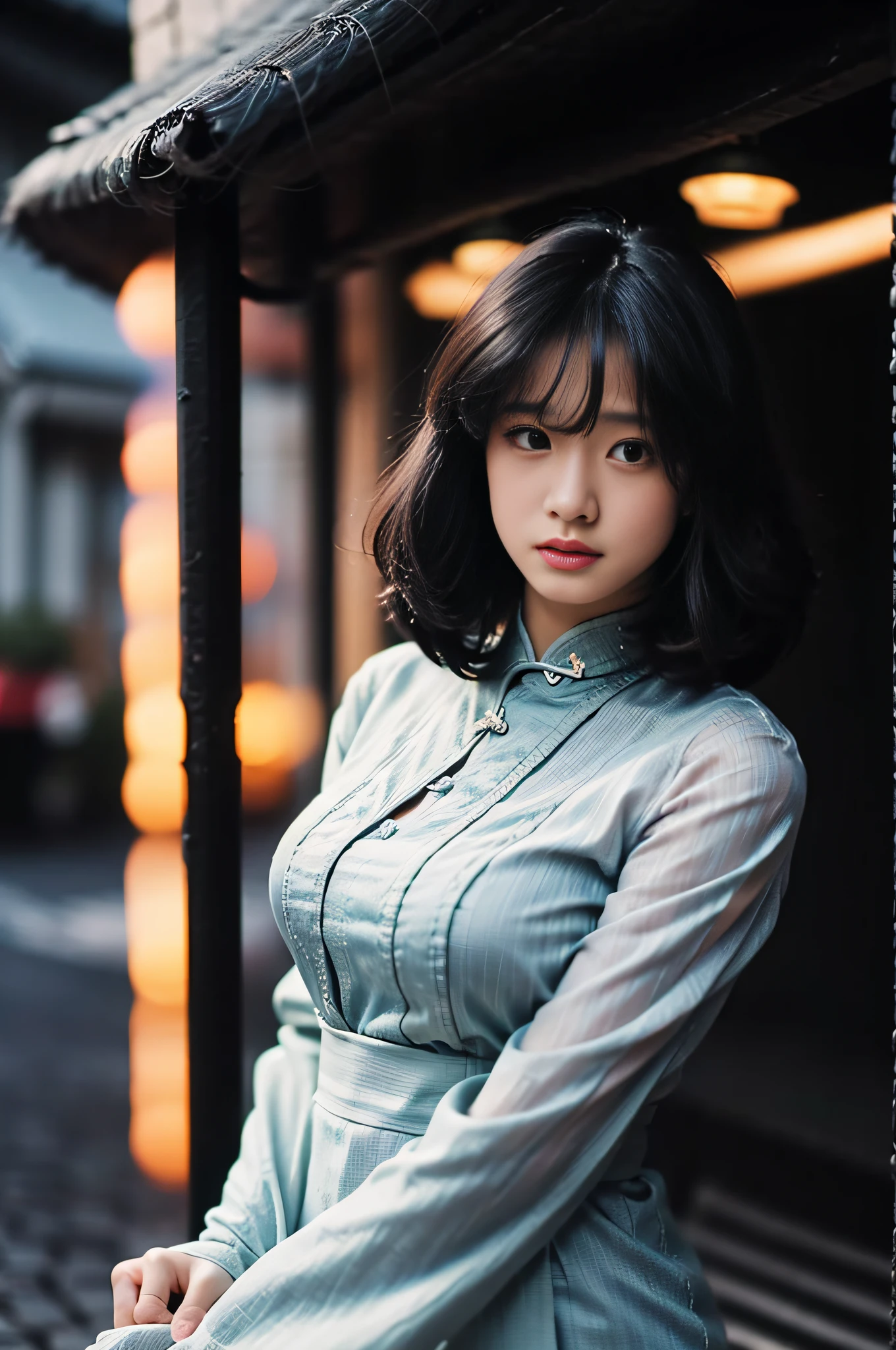 (8K、Raw photography、top-quality、masterpiece:1.2)、(realisitic、Photorealsitic:1.4)、(The upper part of the body)、(is standing)、Cinematographic lighting、photon maping、Radio City、physically-based renderingt、1girl in、(独奏:1.3)、Look at viewers、(Cheongsam with deep slit)、(short-hair)、Facial expressions、solofocus、softlighting、dynamic ungle、outside of house、
