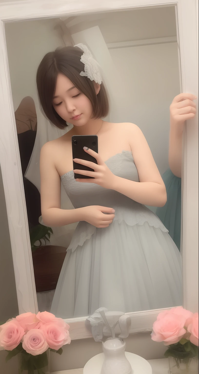 there is a woman that is taking a picture of herself in the mirror, Transparent gray dress, Long legs，Lace，  in dress, Gray color, fairy core, 1285445247], blue gray, Bandeau Dress