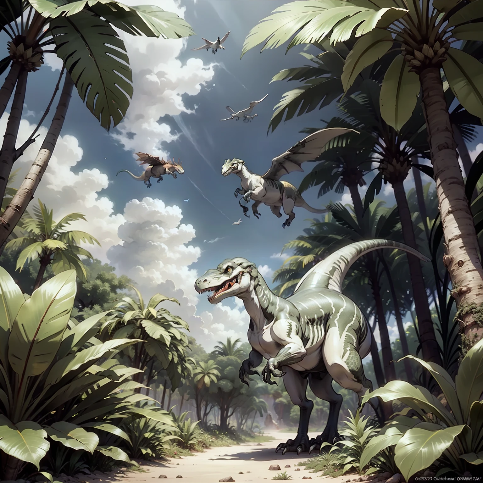 Ancient tropical jungle background，Tyrannosaurus rex life scene，There are flying dinosaurs in the air