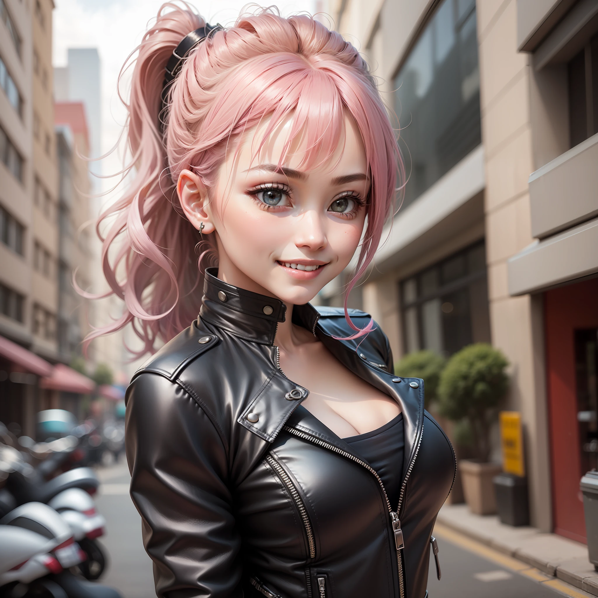 Pose photo of ultra high definition leather jacket of the highest quality female model。Woman floating in pink ponytail、I wear leather pants and leather jeans on my skin.。With smiling eyes、Be well、It's so cute。