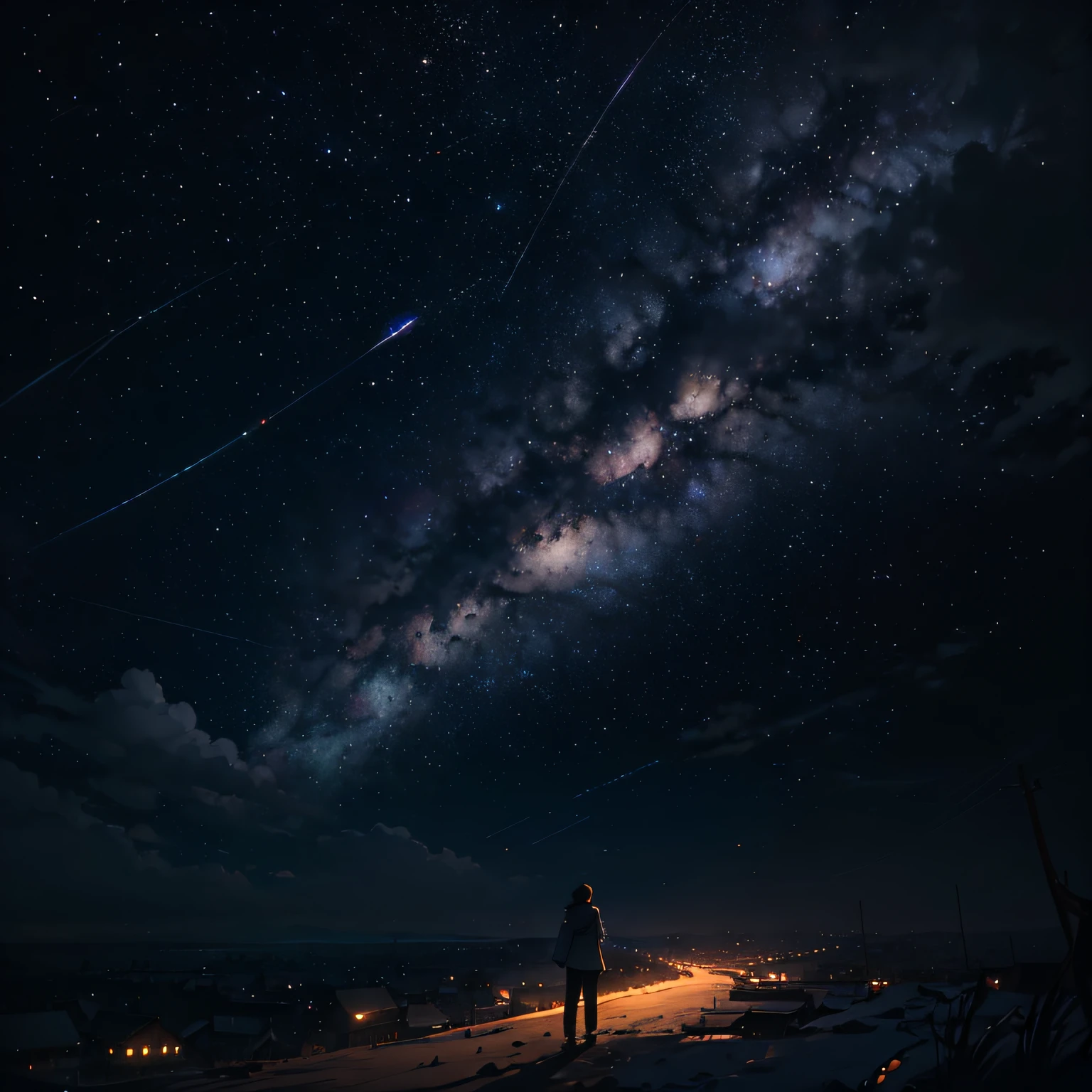 Estilo de Makoto Shinkai，Vast galaxy，The sky is full of stars，Soft light and shadow，Light atmosphere，Smudge colors。 --auto