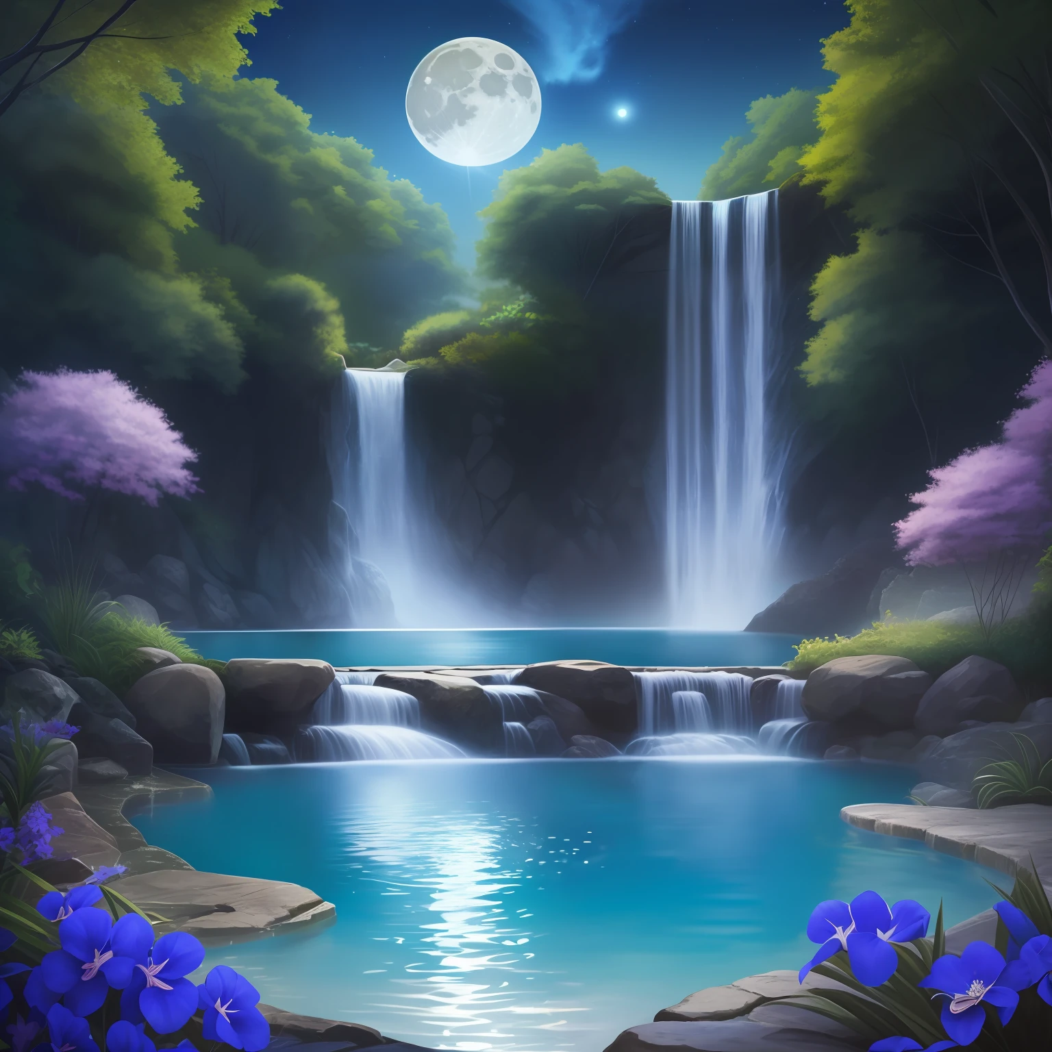 The moon reflects on the pool,Beautiful woman wearing light gauze walking slowly by the poolside,The Earth emerges in the night sky,Stars dot it。