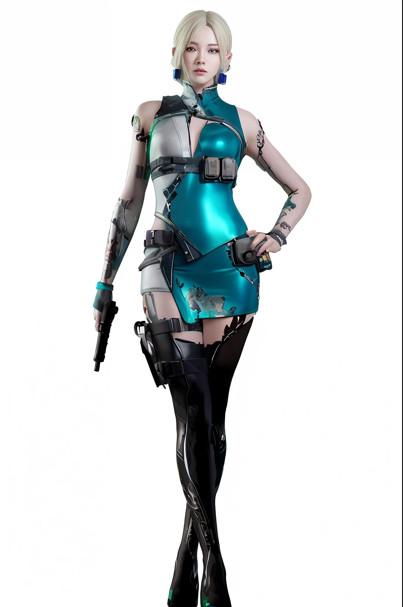 a close up of a woman in a blue dress holding a gun, glamorous jill valentine, inspired by Leng Mei, cyberpunk femme fatale, full-body xianxia, Cyberpunk 2 0 y. o model girl, Cyberpunk costumes, teal skin, render of april, Katana Zero video game character, Cyberpunk costumes, v from devil may cry as an elf