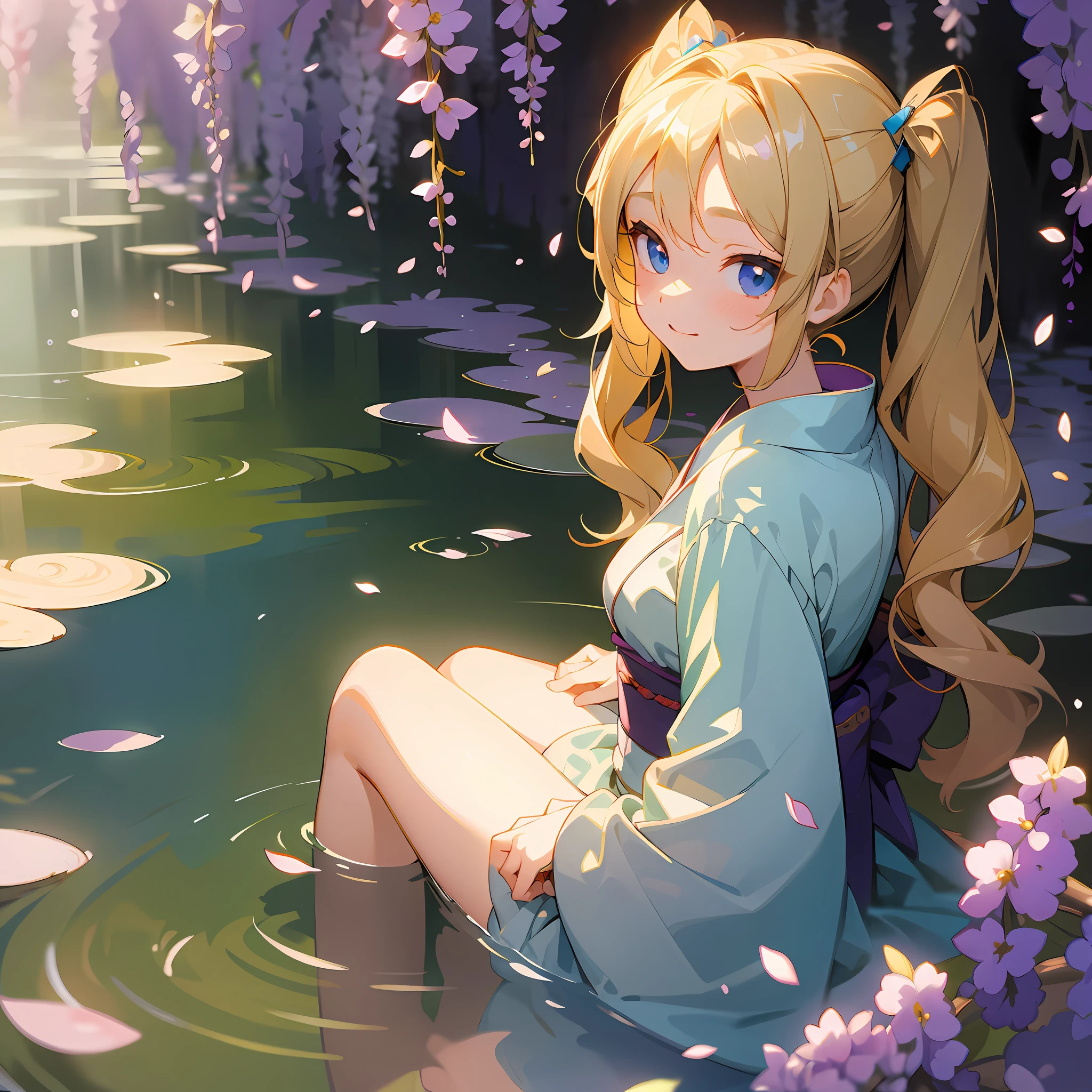 Anime girl sitting in the water,There are flowers on the hair, Splash art anime , Beautiful anime girl, Blonde anime girl with long hair, in a pond, Anime girl walking on water, a beautiful anime portrait, Beautiful anime artwork, Beautiful anime art, pretty anime girl, up of young anime girl, anime visual of a cute girl, Cute anime girl, sitting at a pond,Fluttering notes