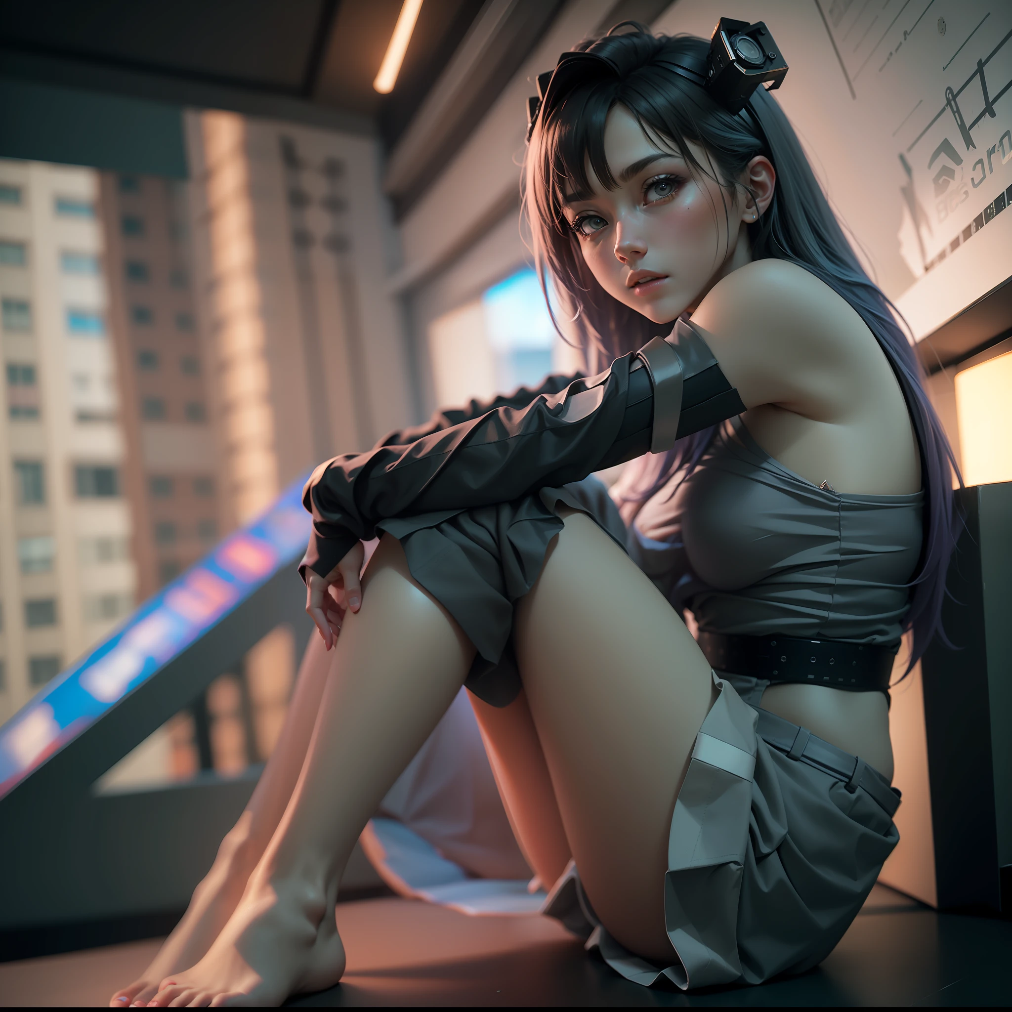 ((best qualtiy)), ((tmasterpiece)), (the detail:1.4), 3D, A beautiful cyberpunk woman,Sit Pose,Barefoot,HDR(HighDynamicRange),Ray traching,NVIDIA RTX,Super-Resolution,Unreal 5,Subsurface scattering、PBR Texture、post-proces、Anisotropy Filtering、depth of fields、maximum definition and sharpness、Many-Layer Textures、Albedo e mapas Speculares、Surface Coloring、Accurate simulation of light-material interactions、perfectly proportions、Octane Render、Two-colored light、largeaperture、Low ISO、White balance、the rule of thirds、8K RAW、
