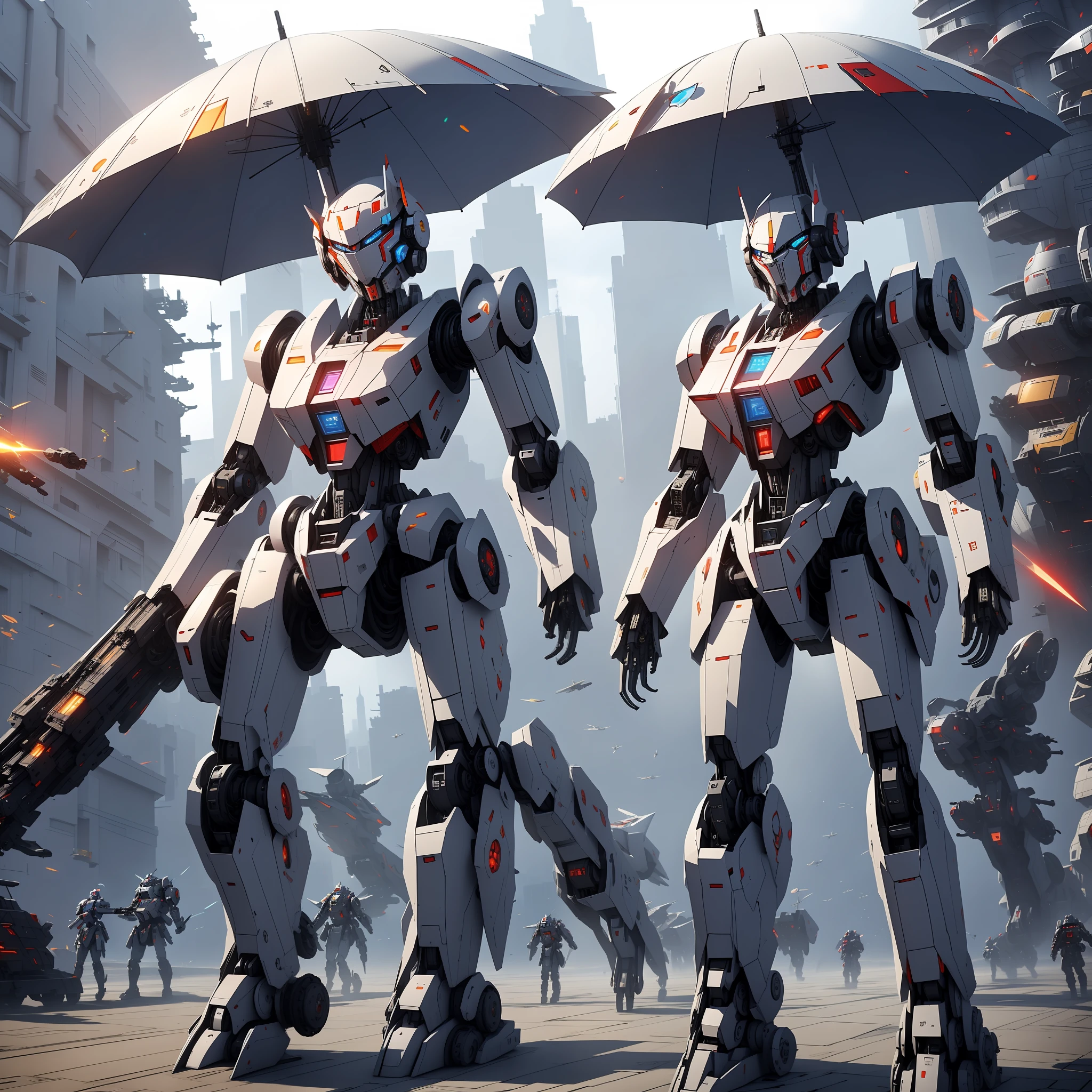 sense of science and technology,droid,Metaverse,very delicate beautiful,umbrellas,femele,battlemech。