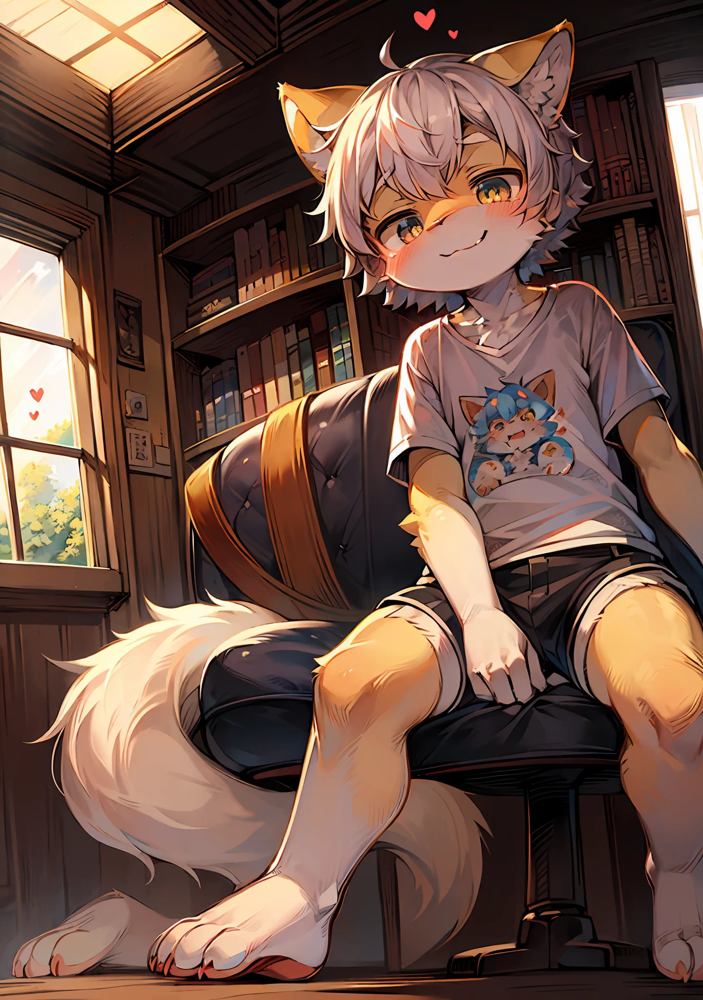 (Sunny environment:0.8),masterpiece,high quality,abstract res,digital painting\(artwork\), by dagasi, yupa,kiyosan,(anthro,fluffy fur,character focus:1.1),anthro male cat,short hair,portrait , eyes with brightness, in a panoramic view, Character focus.(detailedbackground:0.7), 独奏, shaggy, shaggy male, malefocus, anthr,(Full Body Furry, Fluffy tail,Orange-yellow fur,Sunny and cheerful smile,Cute beast too,The left side of the face is printed with a heart marker,Wearing a T-shirt with a yellow kitten printed on it,Sit in your seat by the window,libraryai,Sunlight coming in,dingdall effect