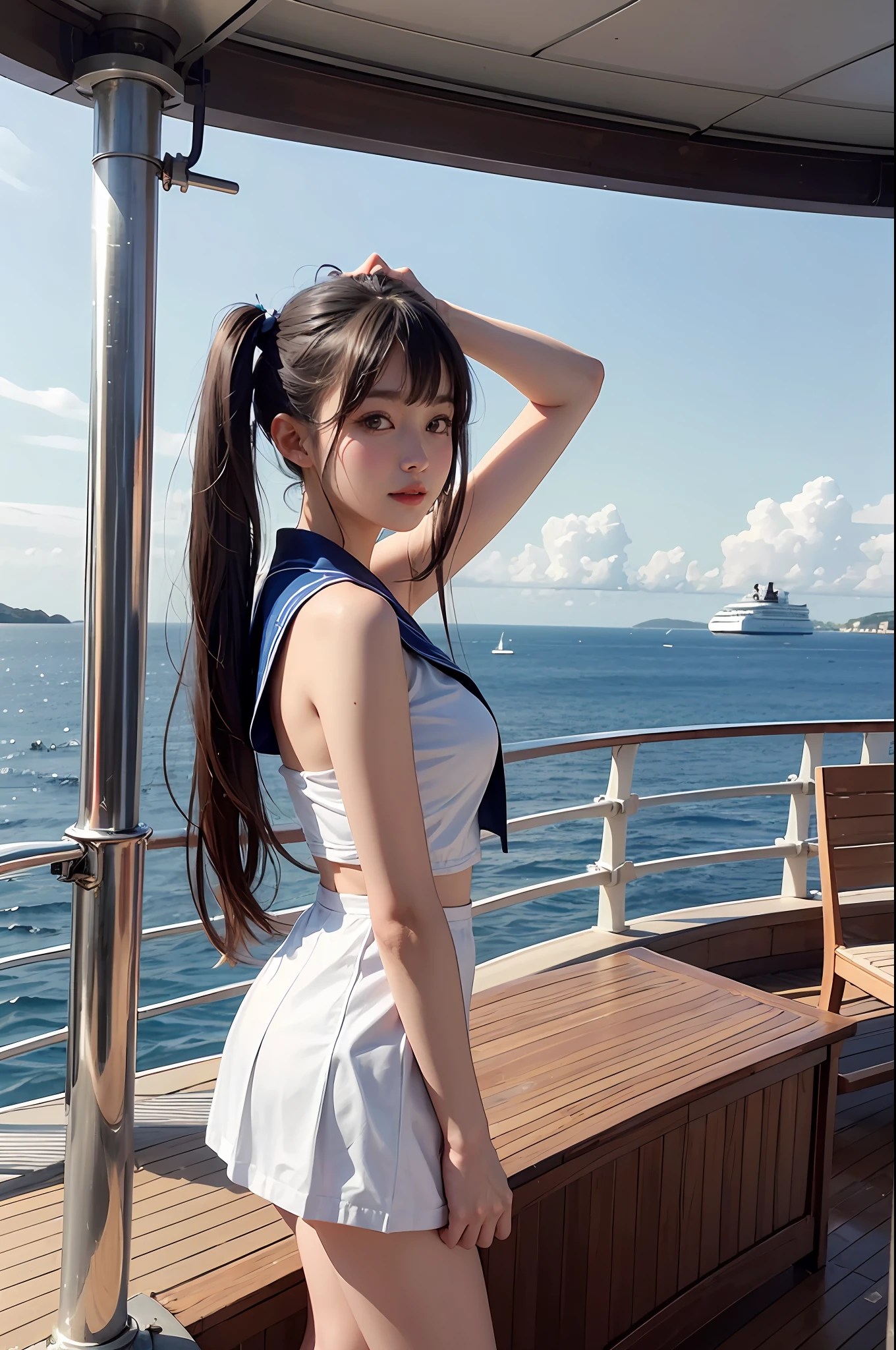 On the deck of a luxury cruise ship,mast,buoy,Pose for photos in loose blue and white sailor suits and short skirts,Slim girl model,24 years old female model,twintails,Unilateral bangs,