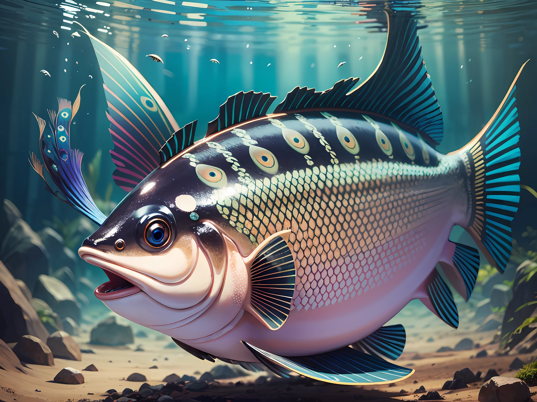 The main body is a large fish；swell sea；abstracted；Sun；​​clouds；the ocean；Skysky；Longing for sunshine；plethora of colors；enthusiasm；Bright tones；OilPaintStyle --auto