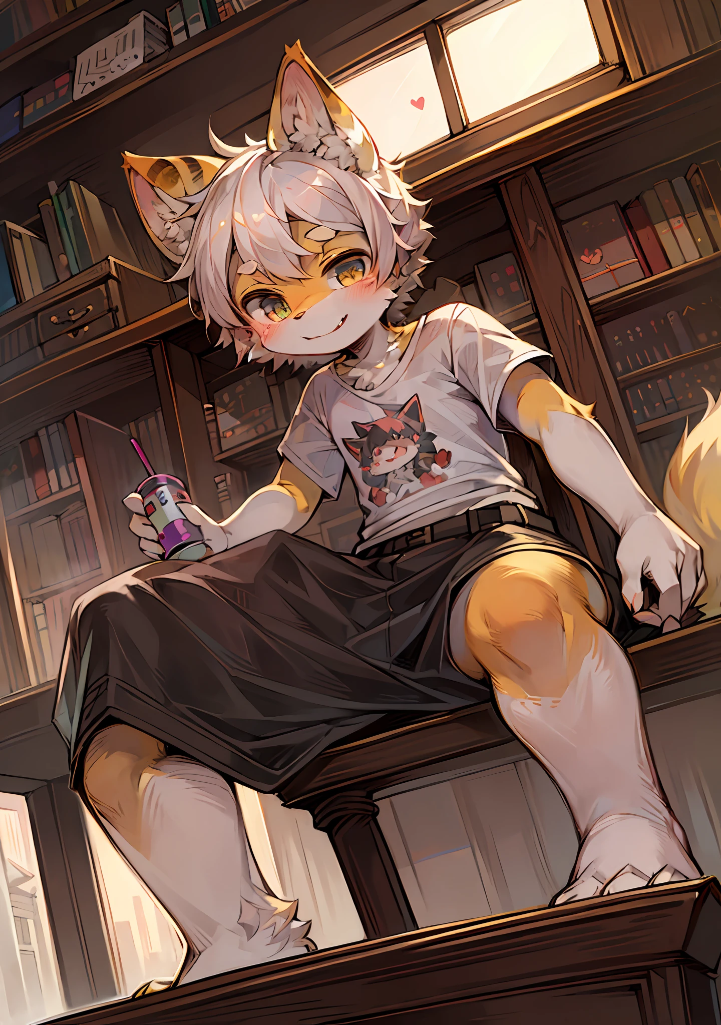 (Sunny environment:0.8),masterpiece,high quality,abstract res,digital painting\(artwork\), by dagasi, yupa,kiyosan,(anthro,fluffy fur,character focus:1.1),anthro male cat,short hair,portrait , eyes with brightness, in a panoramic view, Character focus.(detailedbackground:0.7), 独奏, shaggy, shaggy male, malefocus, anthr,(Full Body Furry, Fluffy tail,Orange-yellow fur,Sunny and cheerful smile,Cute beast too,The left side of the face is printed with a heart marker,Wearing a T-shirt with a yellow kitten printed on it,Sit in your seat by the window,libraryai,Sunlight coming in,dingdall effect