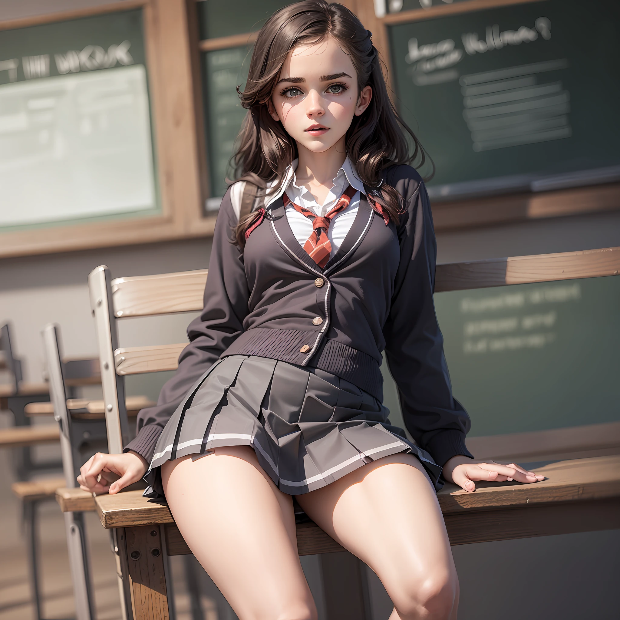 teen emma watson as a sexy schoolgirl sitting on a fence. tight intricate school uniform. slender body. classroom. day. background blackboard. pleated skirt. legs open.