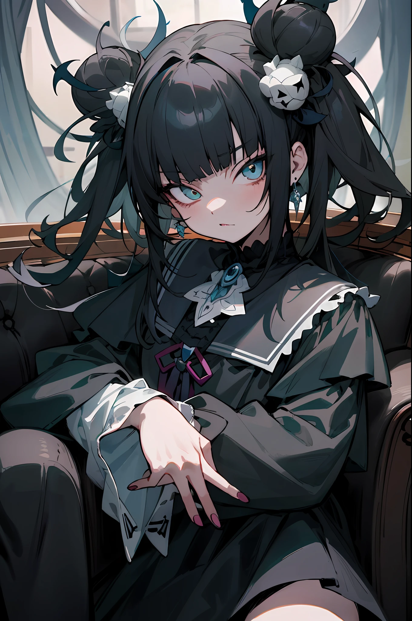 tmasterpiece，high qulity，4K,detailed official art，This is a painting depicting a girl sitting on a couch holding a teddy bear。This work uses a dark fantasy character design，The atmosphere seemed ominous。The girl has a sharp gaze and a Gothic face，Anime girl with black hair and white dress holding teddy bear, gothic maiden anime girl, 1 7 -  - old me goth girl, nightcore, Anime girl wearing black dress,anime visual of a cute girl, An anime girl, Kawasi, Fierce anime girl, Incorporates elements of dark fantasy，brunette color hair