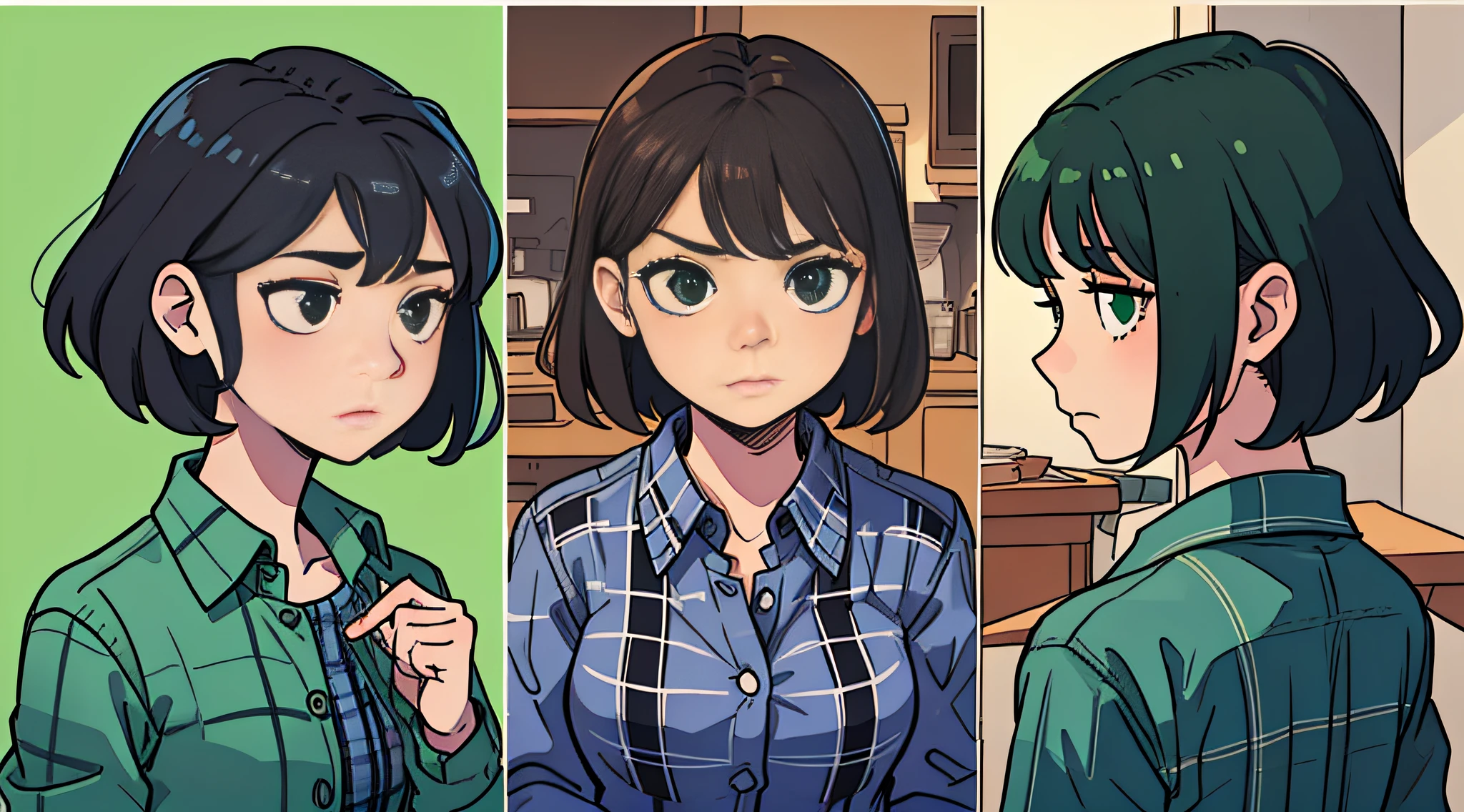 masutepiece、high-level image quality、Wide Angle、detaileds、telephoto lens、comic strip、Systemic
Simple background
Tattered clothing、Dark-skinned woman、jung、((Green checked shirt))、jeans、Brown sandals、Woman standing、bobhair、Black-haired、Suspicious look