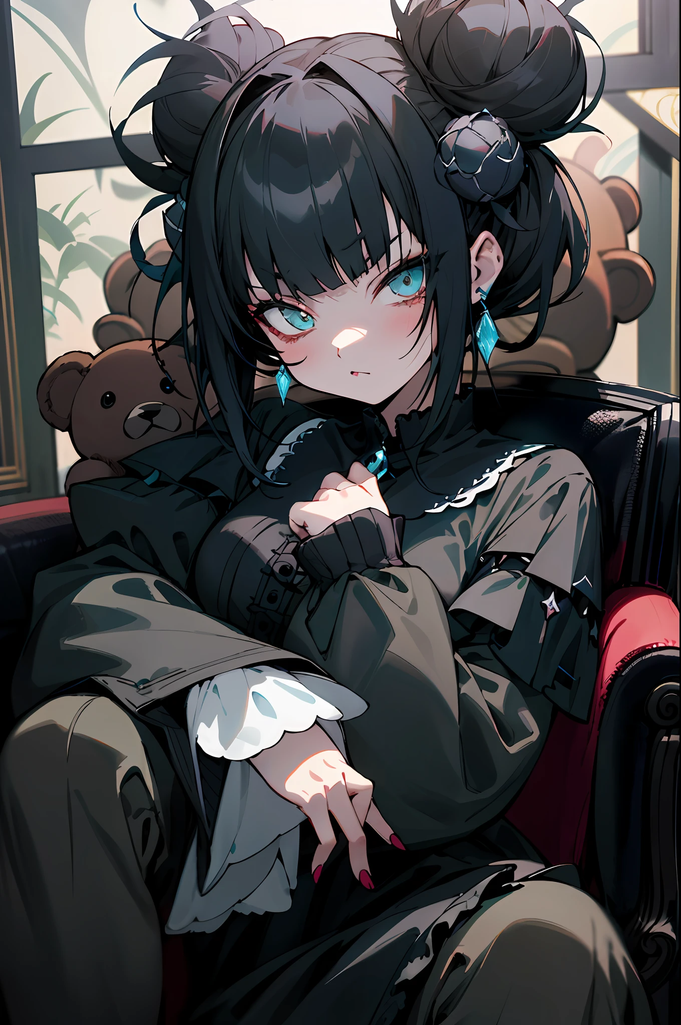 tmasterpiece，high qulity，4K,detailed official art，This is a painting depicting a girl sitting on a couch holding a teddy bear。This work uses a dark fantasy character design，The atmosphere seemed ominous。The girl has a sharp gaze and a Gothic face，Anime girl with black hair and white dress holding teddy bear, gothic maiden anime girl, 1 7 - year - old anime goth girl, nightcore, Anime girl wearing black dress,anime visual of a cute girl, An anime girl, Kawasi, Fierce anime girl, Incorporates elements of dark fantasy，brunette color hair