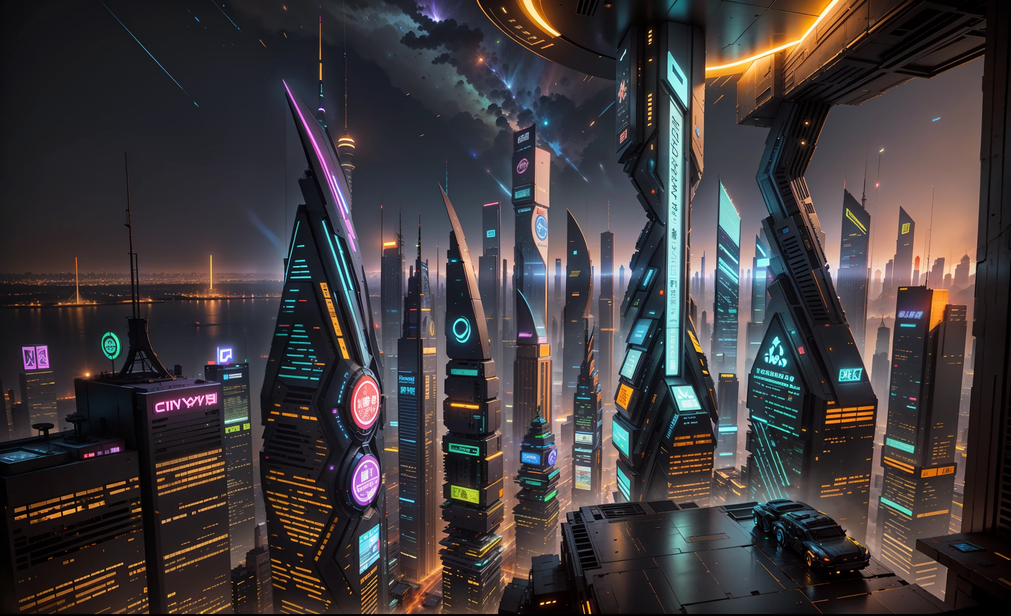A city that combines ancient Roman and classical Chinese architectural styles, Night view, High-tech of the future, Cyberpunk, high rise, holographic projections, Neon lights