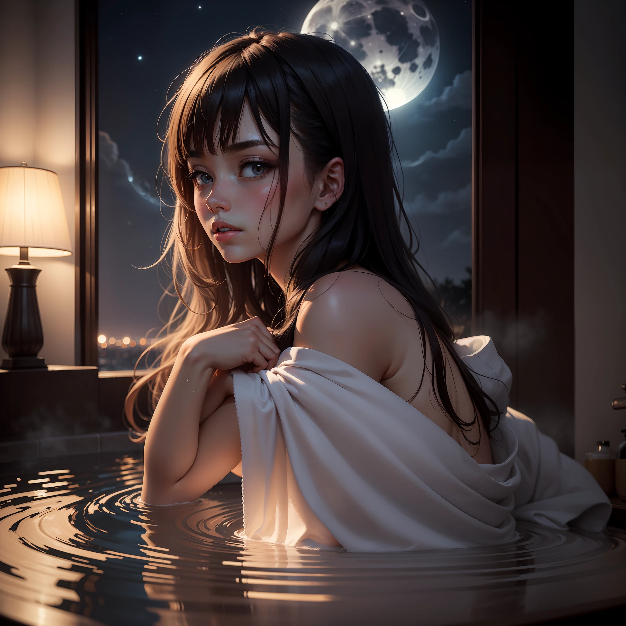 night，The moonlight shines on a woman draped in a bath towel，The whole person was glowing with moonlight，The side face is reflected in the moonlight，It's incredibly beautiful