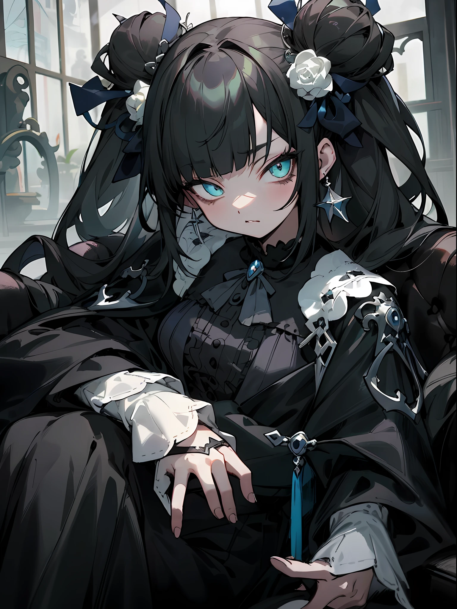 tmasterpiece，high qulity，4K,detailed official art，，(the detail:1.4)This is a painting，Depicts a girl sitting on a couch holding a teddy bear。The game is designed with dark fantasy characters，The atmosphere seemed ominous。The girl has sharp eyes and a gothic face，Anime girl with black hair and white dress holding teddy bear, gothic maiden anime girl, 1 7 -  - old me goth girl, nightcore, Anime girl wearing black dress,anime visual of a cute girl, An anime girl, Kawasi, Fierce anime girl, Incorporates elements of dark fantasy，brunette color hair，The proportions are correct