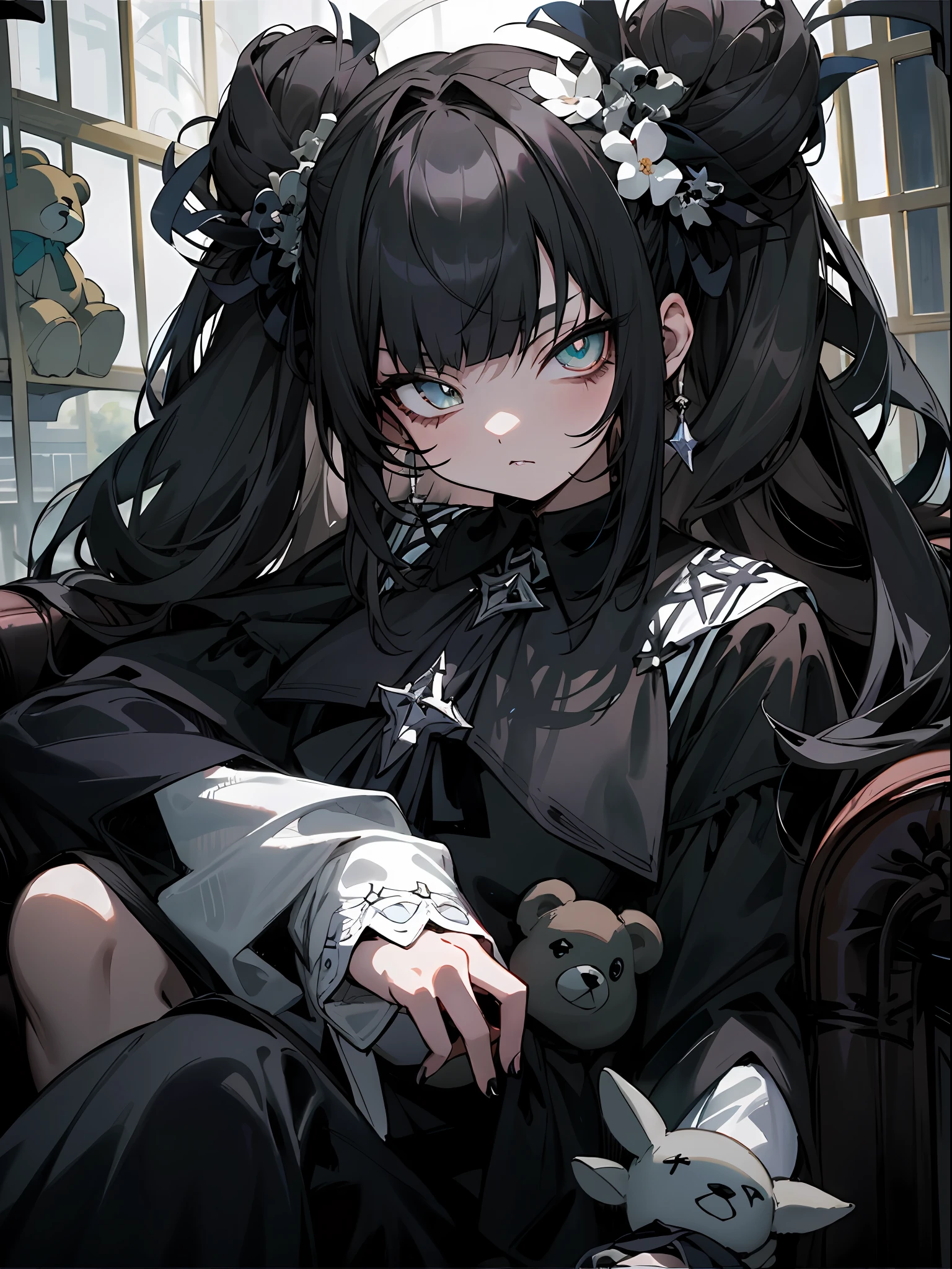 tmasterpiece，high qulity，4K,detailed official art，，(the detail:1.4)This is a painting，Depicts a girl sitting on a couch holding a teddy bear。The game is designed with dark fantasy characters，The atmosphere seemed ominous。The girl has sharp eyes and a gothic face，Anime girl with black hair and white dress holding teddy bear, gothic maiden anime girl, 1 7 - year - old anime goth girl, nightcore, Anime girl wearing black dress,anime visual of a cute girl, An anime girl, Kawasi, Fierce anime girl, Incorporates elements of dark fantasy，brunette color hair，The proportions are correct