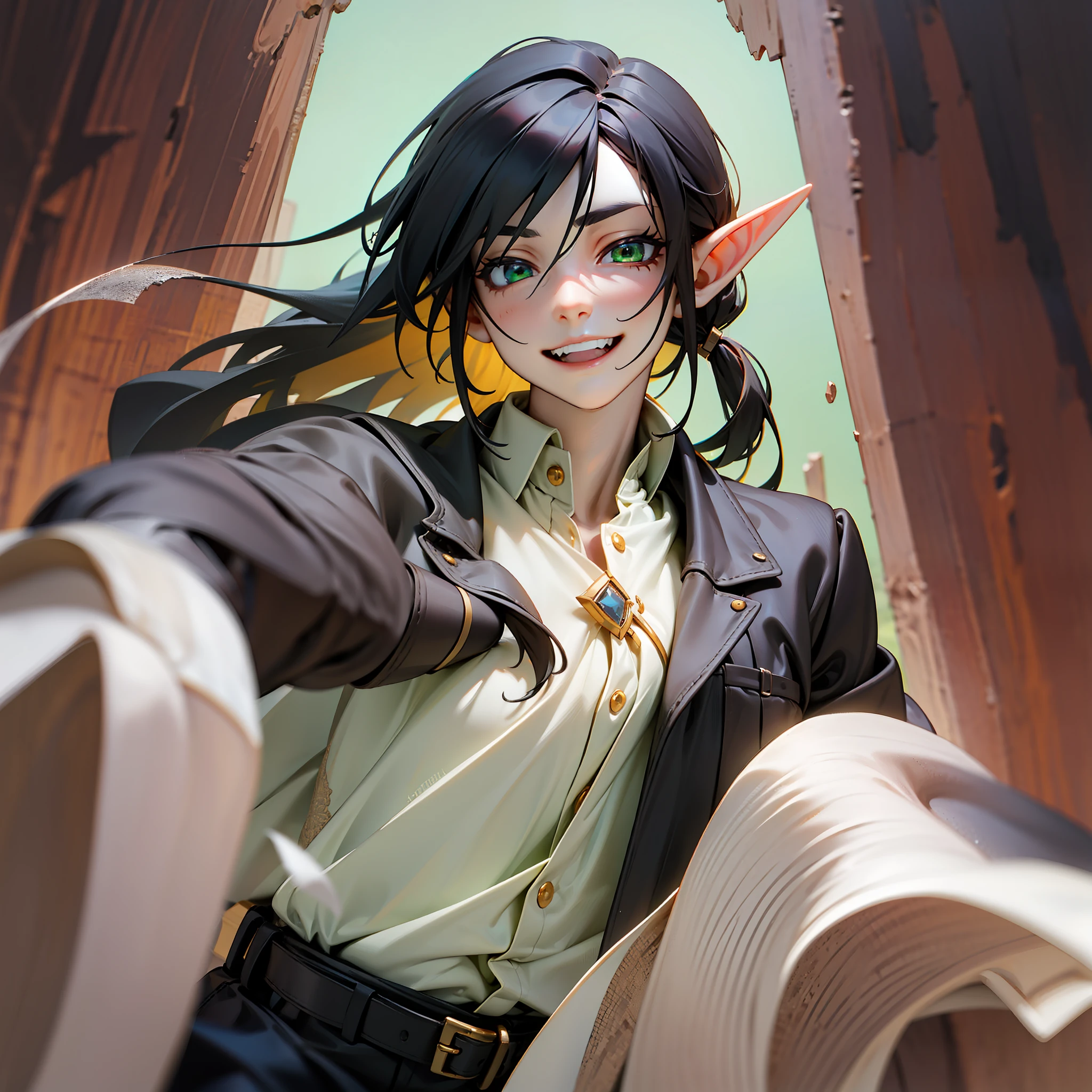 man elf, 1man, in full height, masculine face, elongated face, attractive, masterpiece, detailized, green hakki eyes, black long hair, black hair, low ponytail hair, Hair flutters,White Skin, pale skin, elf ears, white shirt, Wide brown strap, black cape, The top buttons are unbuttoned, wide sleeves, Scars on the face, scars, looking forward, Toothy big smile, The hand is pulled aside, The other hand на поясе, black pants, (the night), dark woods, rain