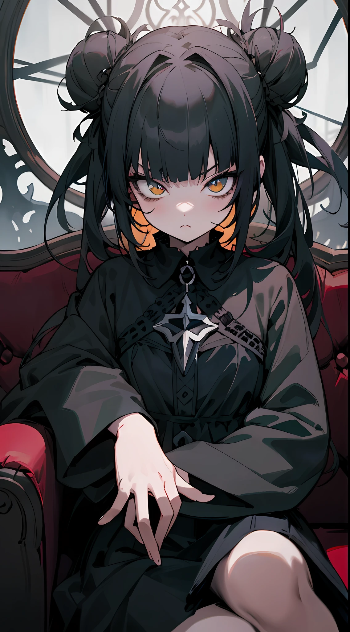 tmasterpiece，high qulity，4K,detailed official art，This is a painting depicting a girl sitting on a couch holding a teddy bear。This work uses a dark fantasy character design，The atmosphere seemed ominous。The girl has a sharp gaze and a Gothic face，Anime girl with black hair and white dress holding teddy bear, gothic maiden anime girl, 1 7 - year - old anime goth girl, nightcore, Anime girl wearing black dress,anime visual of a cute girl, An anime girl, Kawasi, Fierce anime girl, Incorporates elements of dark fantasy，brunette color hair