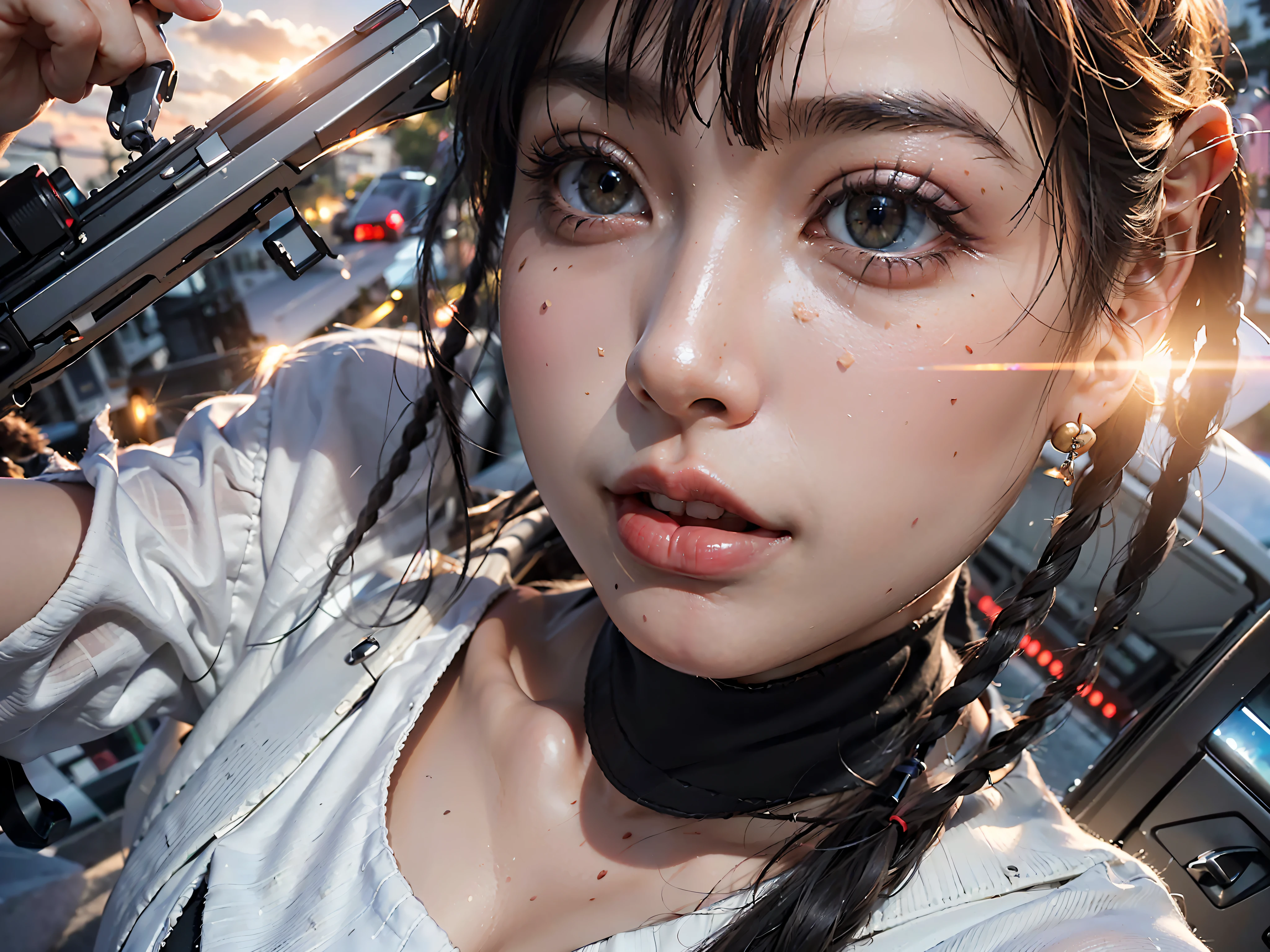 (best qualtiy,tmasterpiece, photograph realistic,Complicated details,RAW photogr,Photon rendering,ultra - detailed,详细的脸,Detailed skins,8K masterpiece,cinmatic lighting,urban skyline,Skysky,Clouds,Outdoor Scene,City lights,rios,the trees,Wide roads,the sunset)