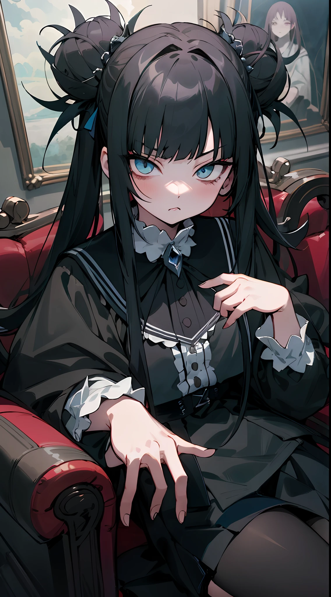 tmasterpiece，high qulity，4K,detailed official art，This is a painting depicting a girl sitting on a couch holding a teddy bear。This work uses a dark fantasy character design，The atmosphere seemed ominous。The girl has a sharp gaze and a Gothic face，Anime girl with black hair and white dress holding teddy bear, gothic maiden anime girl, 1 7 - year - old anime goth girl, nightcore, Anime girl wearing black dress,anime visual of a cute girl, An anime girl, Kawasi, Fierce anime girl, Incorporates elements of dark fantasy，brunette color hair