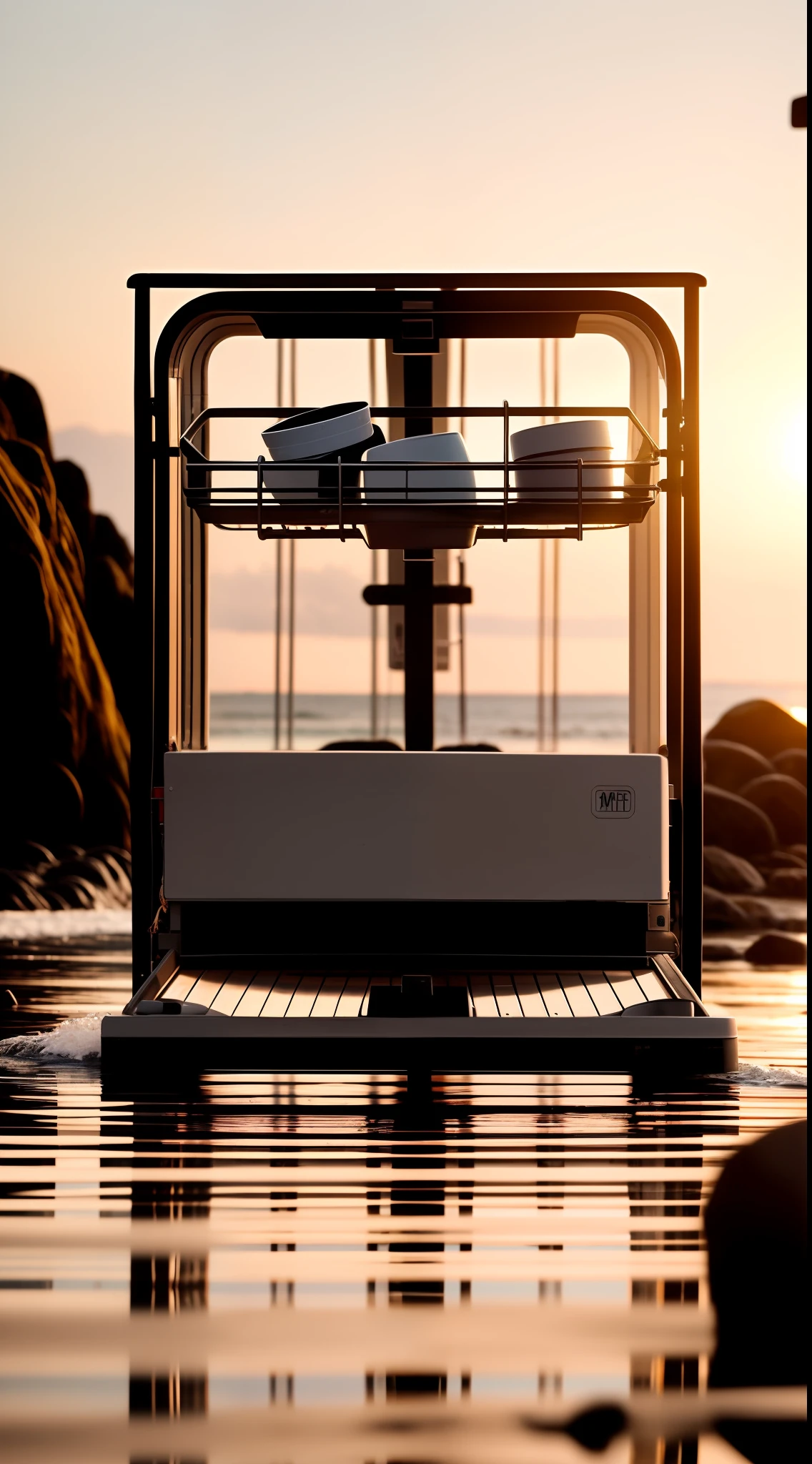 Dishwasher sitting on rocky beach, hyper realisitc, commercial product photography, Very urgent", Ultra photo realsisim, Ultra photo realsisim, dramatic product photography, ultra-realistic realism, hyperrealistic”, ultra realistic”, brilliant detail, super realistic”, hyper - realistic, Award-winning, Award - Winning, Hyper-realistic, arte mista，FOCAL LENGTH 85MM，Simple bright sky，Sunny morning，Clear water