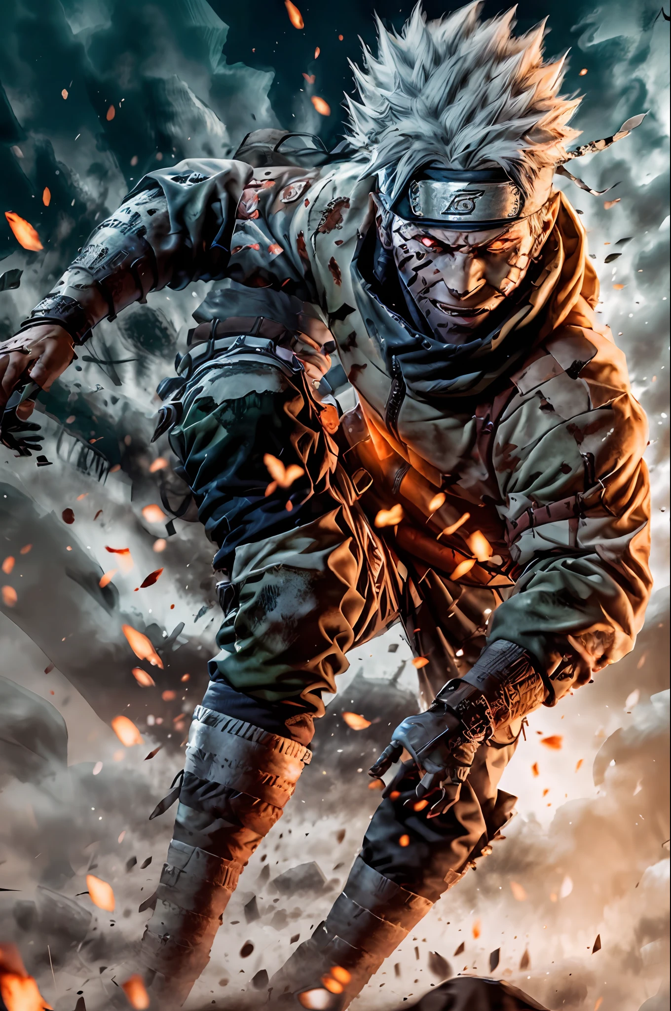 kakashi, 1boy, solo, male focus, ninja, scar, debris, gloves, teeth, fantasy, glowing, facial mark, embers, looking at viewer