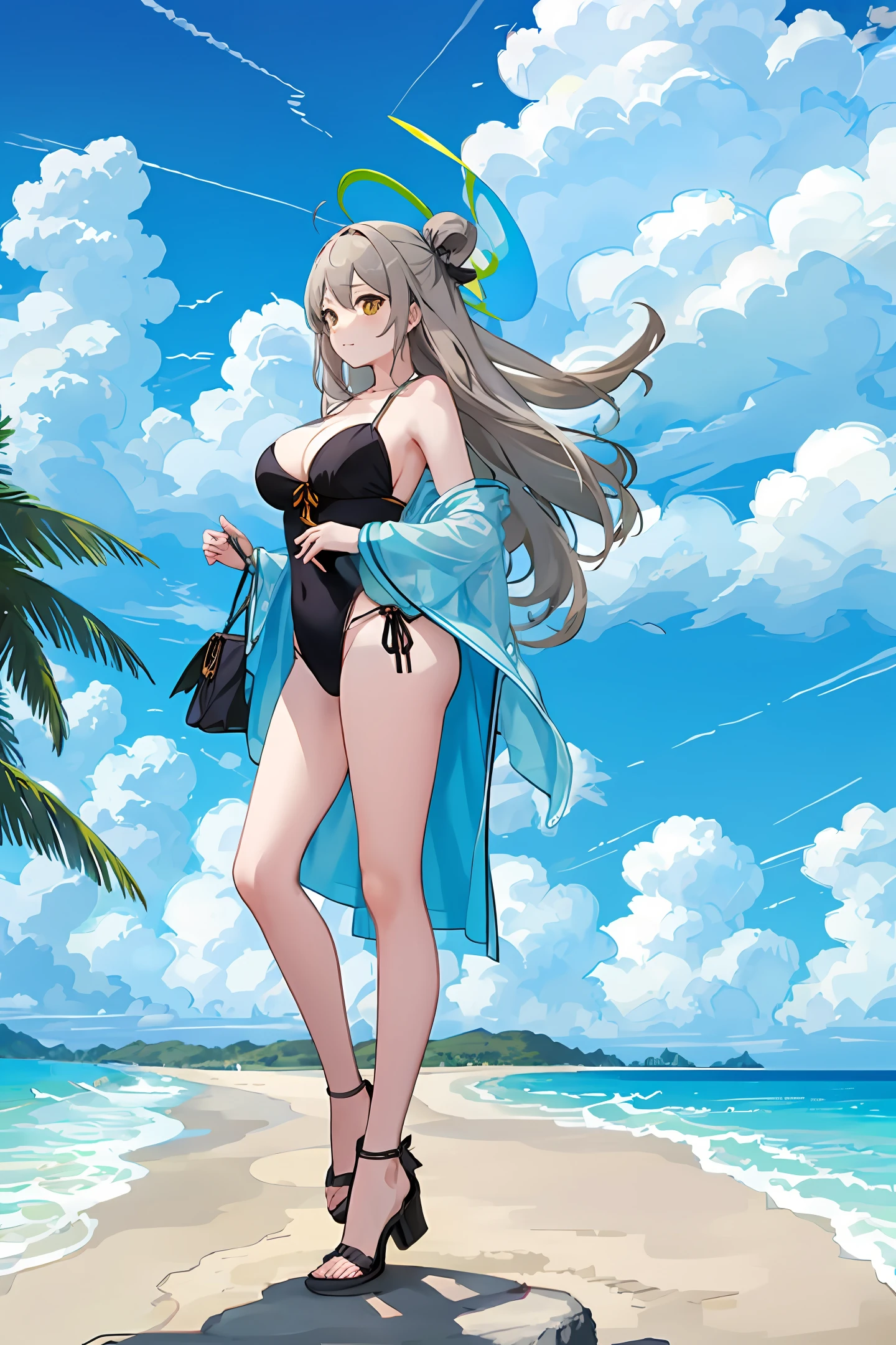 beachside，Beautuful Women，cabelos preto e longos，blue-sky，Bumpy large breasts，long leges，比基尼，seductiv，Raised sexy，The lower chest looms